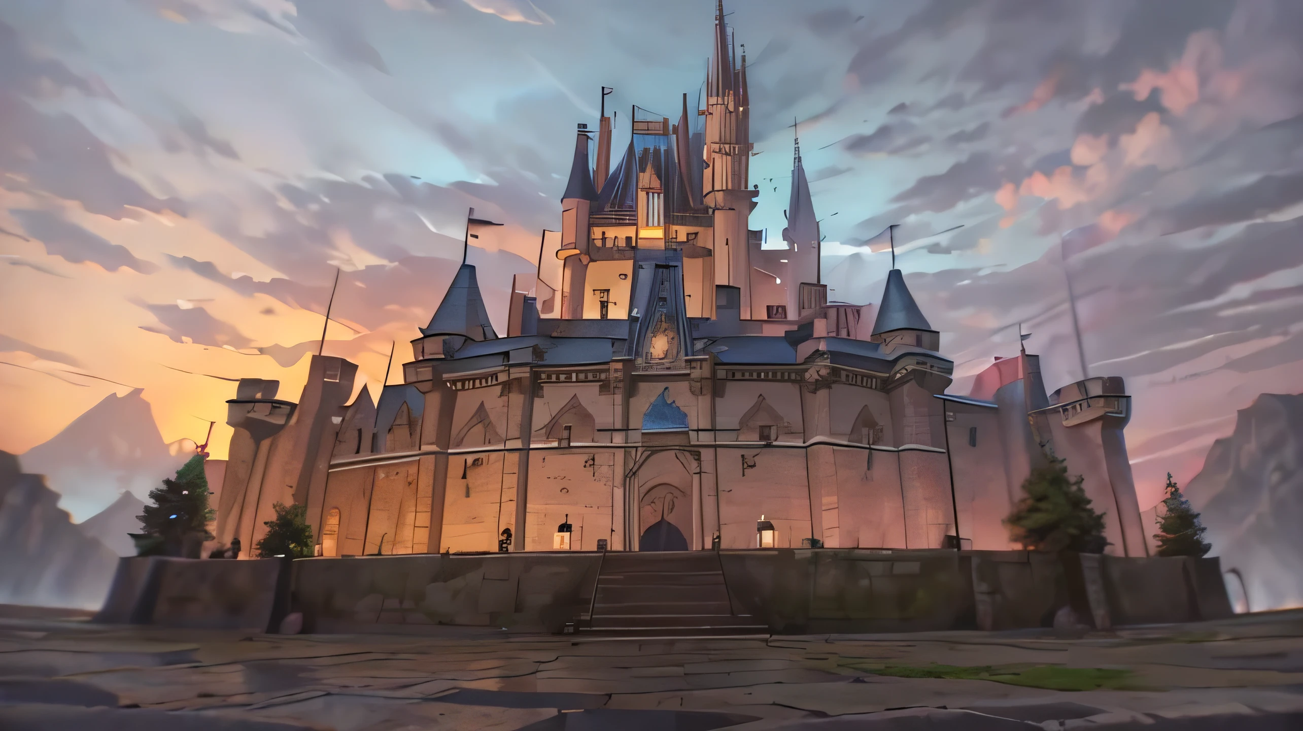 Fantastic castle against the backdrop of mountains, Disney-style, with different towers,  high detail