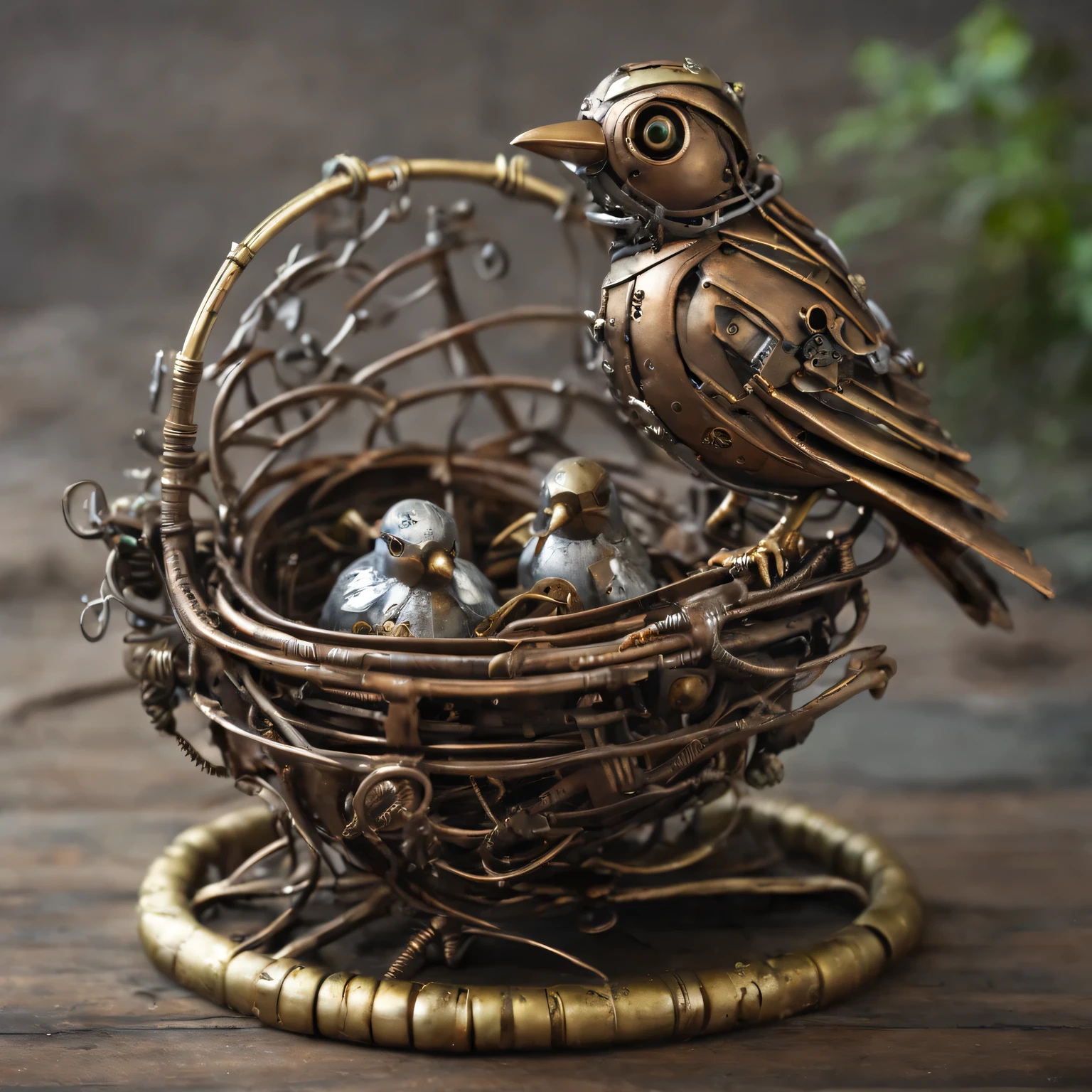 steampunk art, metal mechanical bird's nest in steampunk style, Steampunk Wednesday, mechanical bird in a metal nest