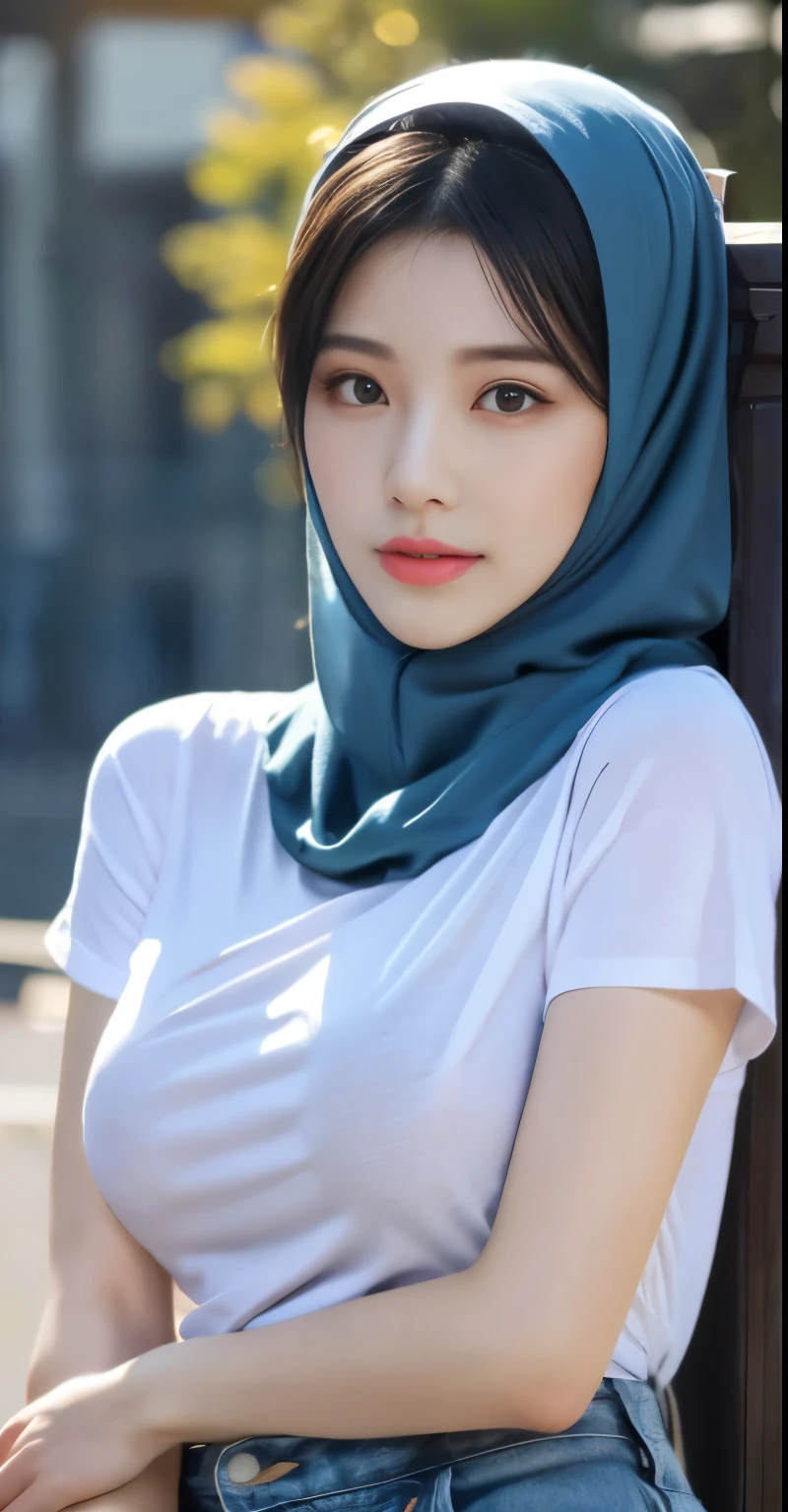 ((Best quality, 8k, Masterpiece)), (best quality,4k,8k,highres,masterpiece:1.2),ultra-detailed,eyes detailed, face bright, face glow,detailed eyes, eyes korean,(realistic,photorealistic,photo-realistic:1.37), girl, thin lips, small lips, beautiful sma lips), big breasts, open t-shirt nude, Pasmina hijab abaya,blue hijab pasmina,asian korean beautiful girl girl,book,style SEX 18+ (blue t-shirt abaya blue),book arab,erotic Asian korean Hijab