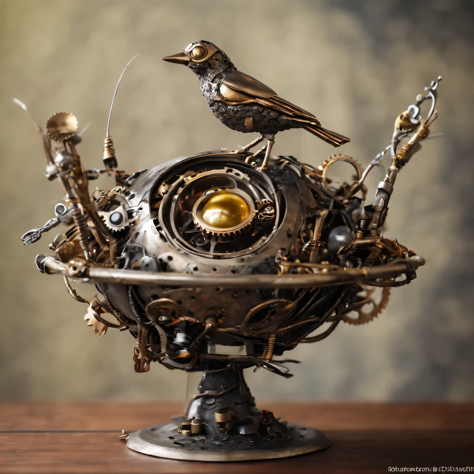 steampunk art, metal mechanical bird's nest in steampunk style, Steampunk Wednesday, mechanical bird in a metal nest
