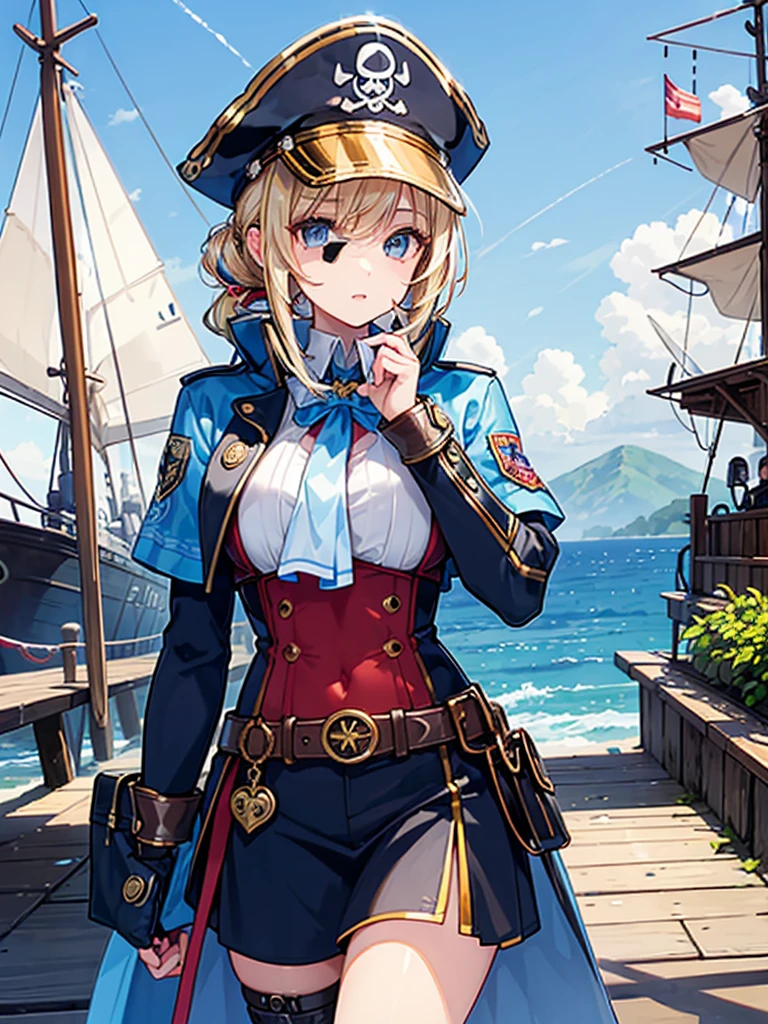 （（（masterpiece、Highest image quality、highest quality、highly detailed unity 8ｋwallpaper）））、（（Illustration of one girl、upper body））、（（（beautiful girl）））、（fantasy、female pirate）、（blonde、short ponytail：1.2、light blue eyes）、（（（Right hand is a prosthetic hand、steampunk prosthetic arm）））、（（tall））、bulky figure, massive frame, thick neck, sturdy arms, powerful legs、（captain&#39;s suit、Pirate hat、Blue coat）、pier、pirate ship anchored、Wooden sailing ship