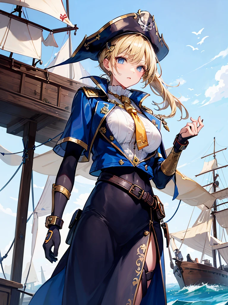 （（（masterpiece、Highest image quality、highest quality、highly detailed unity 8ｋwallpaper）））、（（Illustration of one girl、upper body））、（（（beautiful girl）））、（fantasy、female pirate）、（blonde、short ponytail：1.2、light blue eyes）、（（（Right hand is a prosthetic hand、steampunk prosthetic arm）））、（（tall））、bulky figure, massive frame, thick neck, sturdy arms, powerful legs、（captain&#39;s suit、Pirate hat、Blue coat）、pier、pirate ship anchored、Wooden sailing ship