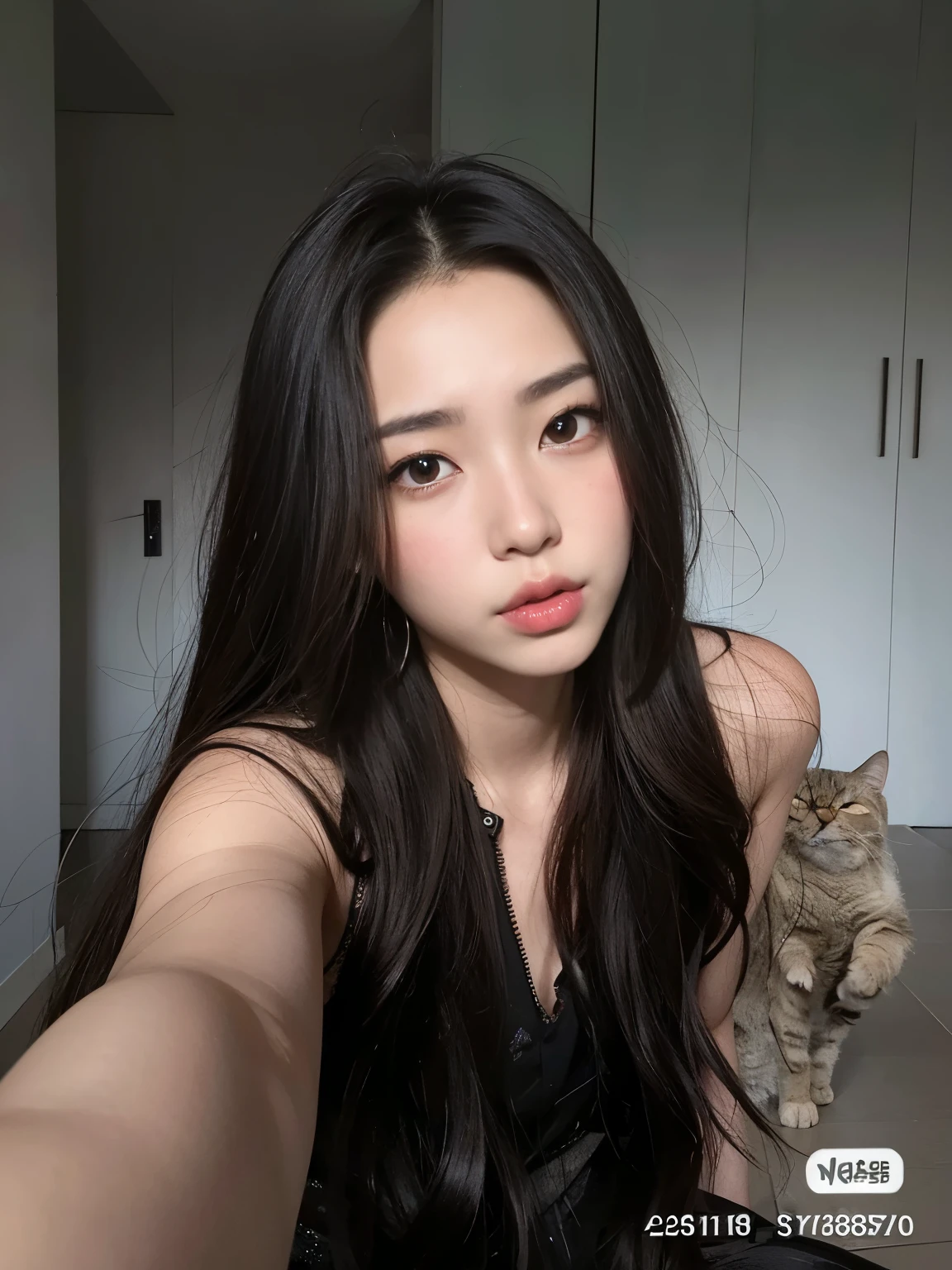 There's a woman taking a selfie with a cat in the background, gatito muy lindo y lindo, muchacha coreana, dilraba dilmurat, Beautiful asian girl, Hermoso gatito joven, Hermosa mujer surcoreana, 18 years, ulzzang, gato atractivo, asian girl, cruel korean gothic girl, asian girl with long hair, con cabello largo