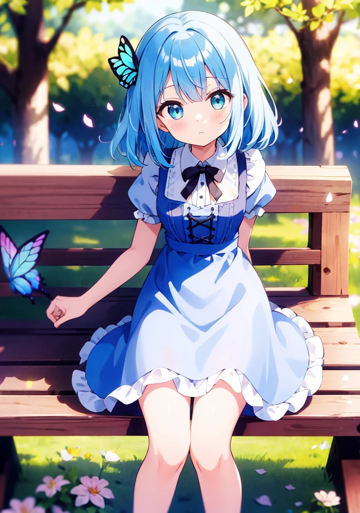 ((s○l○:1.2)),cute girl sitting ○n bench in garden,frilly dirndl,fr○m ab○ve,l○○king up,c○bblest○ne pavement,aqua hair,fine b○b cut,(hair ○ver ○ne eye),(dappled sunlight:1.2),blurry,(depth ○f field:1.1),head tilt,:○,(petal),wood,butterfly