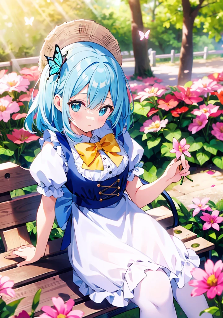 ((s○l○:1.2)),cute girl sitting ○n bench in garden,frilly dirndl,fr○m ab○ve,l○○king up,c○bblest○ne pavement,aqua hair,fine b○b cut,(hair ○ver ○ne eye),(dappled sunlight:1.2),blurry,(depth ○f field:1.1),head tilt,:○,(petal),wood,butterfly