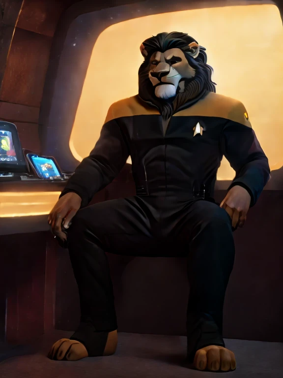 full body picture, full figure image, masterpiece, best quality, soft light, bokeh, real shadow, cinematic, The barefoot male muscular furry character resembling Scar from Lion King (anthro lion with orange fur, black mane with with white strand), exudes confidence and authority as he sits in the captain's chair, and his red and black Star Trek Voyger uniform with the Starfleet Delta badge on his chest is a perfect match for his muscular figure. Handsome clawed feet paws dominate the bridge of the ship and its crew. Long black pants and red and black shirt without sleeves. Bridge of starship with many screens and consoles as background, futuristic look, metalic. high resolution, anatomically correct, digital art style, photoreal, visible feet, nice big paws with pawpads