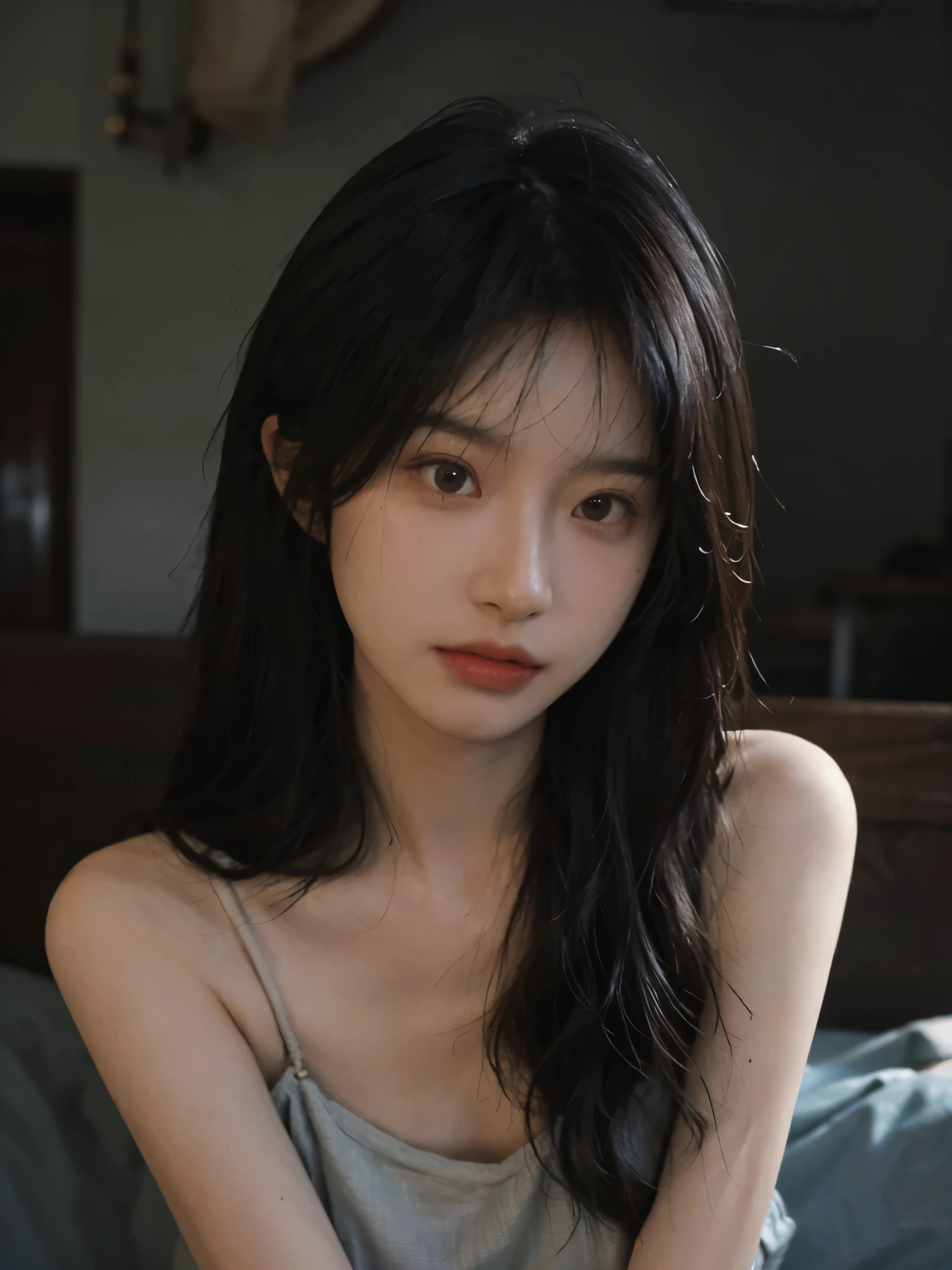 Film portrait photography, 1 girl, bare shoulders, Shoulder length wavy hair, serene, calm, (Realistic and detailed eyes, natural skin texture, Realistic facial details), Soft dramatic lighting, depth of field, Bokeh, Vibrant details, Detailed and detailed, surreal, 35mm film, hazy, ,