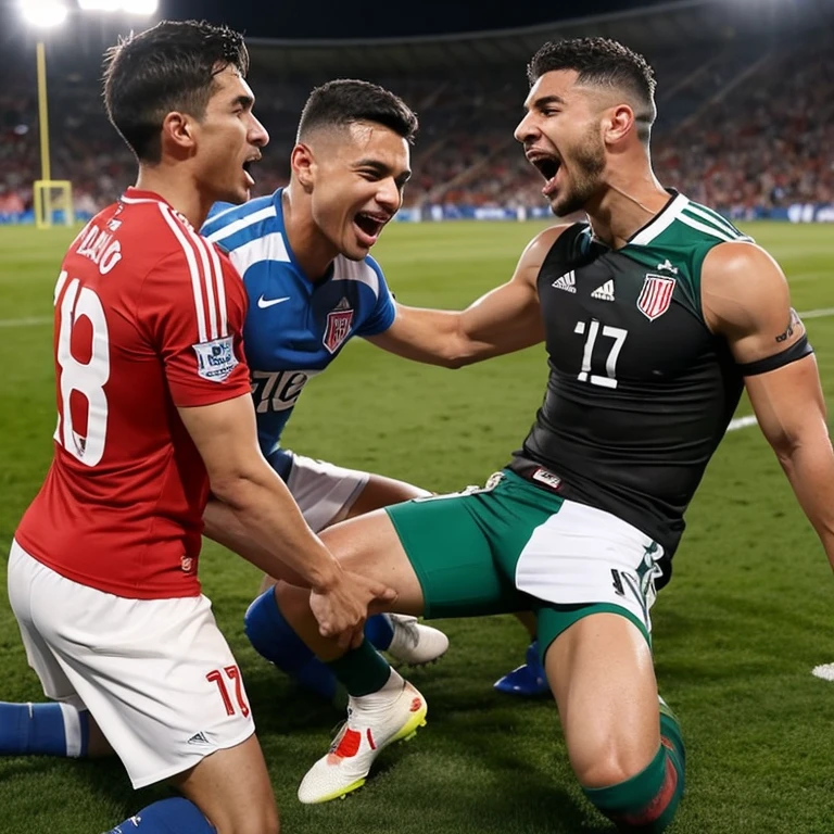 2 Capitanes musculosos de futbol americano  borrachos y sin camisa, masturbandose en una orgia con otros jugadores de futbol en la cama, Bulto grande, mostrando pectorales y abdominales completos,wet dreams, Great erection, besos, porno gay, fondled