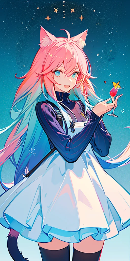 cowboy shot, masterpiece,Splash color, soft lighting,(cocktail glass),
 1girl, solo, cat ears, multicolored hair, ((gradient hair), white+(blue)+(pink:0.5) hair//), very long hair, messy hair, bangs, ahoge, ((gradient eyes), pink+light_blue eyes//), slit pupils, glowing eyes, 1fang, white sweater