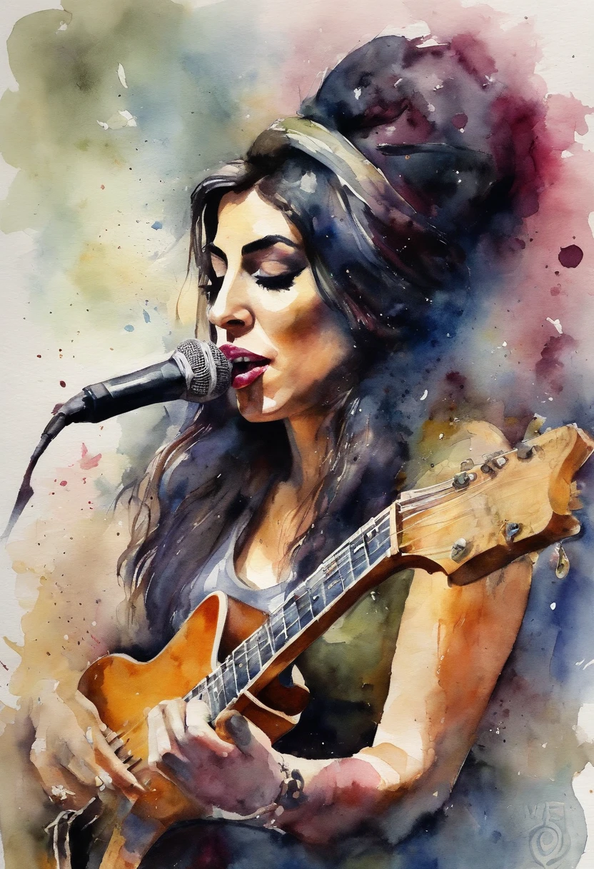 Amy winehouse singing and playing guitar ,eyes open,looking viewer,
