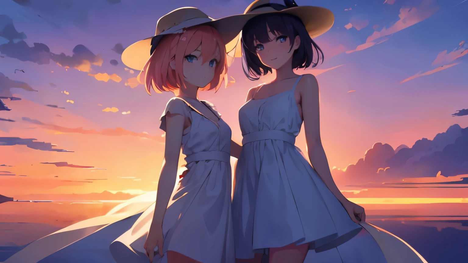 (best quality,4k,highres,masterpiece:1.2),(beautiful detailed eyes,2girls,extremely detailed eyes and face),short hair,floating hair, looking back,smiling,blue eyes,white dress,busty,top half,body shot,wide-angle lens, (Uyuni Salt Flats),(sunrise, clouds),backlit, purple sky, yellow sky, gradient sky, hand resting on hat