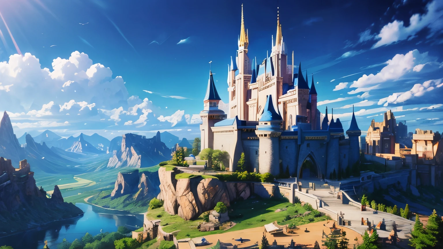 Fantastic castle against the backdrop of epic rendered mountains, Disney-style, with different towers, high detail,