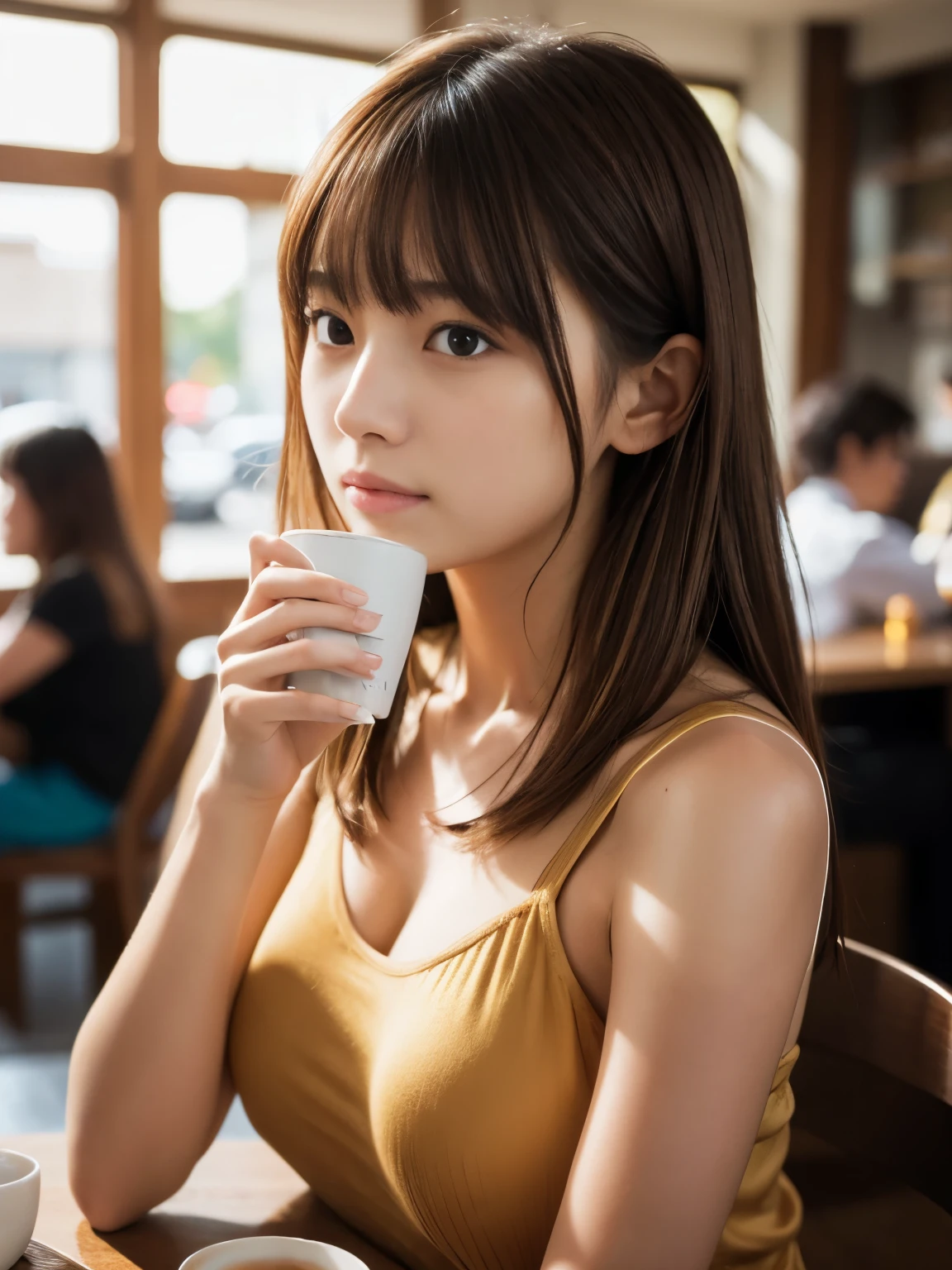 (16K, highres, absurdresmasterpiece, best quality, ultra detailed, exquisite, beautiful), delicate facial features, beautiful japanese idol, 19year old, woman, medium hair, messy hair, Blunt Bangs, light brown hair, in the cafe, coffee cup, looking at viewer, realistic portrait, raw photo, ultra realistic photo, upper body, front view, golden ratio, cinematic lighting, in focus with blurred background, 