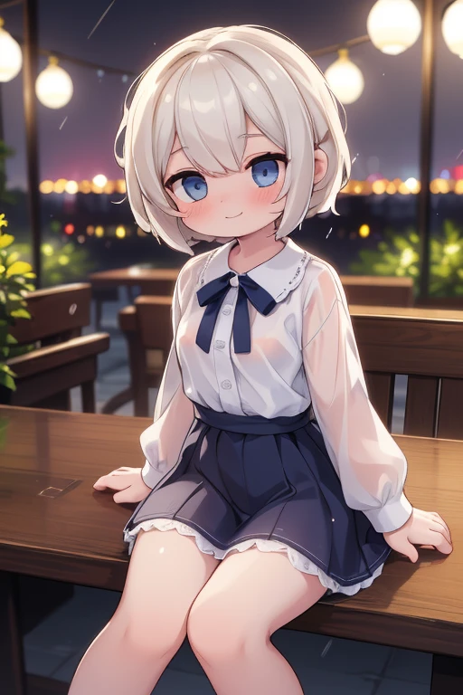 (8k, best quality, masterpiece:1.2), (actual, photo-actual:1.37), Super detailed,((( 1 girl))),alone,beautiful detailed sky,Detail of cafe,night,sitting,Dating,(nose blushing),(Smile:1.15),(Keep your mouth shut) small breasts,Beautiful and delicate eyes,(shirt:1.1), night, wet, rain,white lace, (short hair:1.2),Flowing hair novaFrogStyle, ((whole body)),stand, Sexy, Lovely