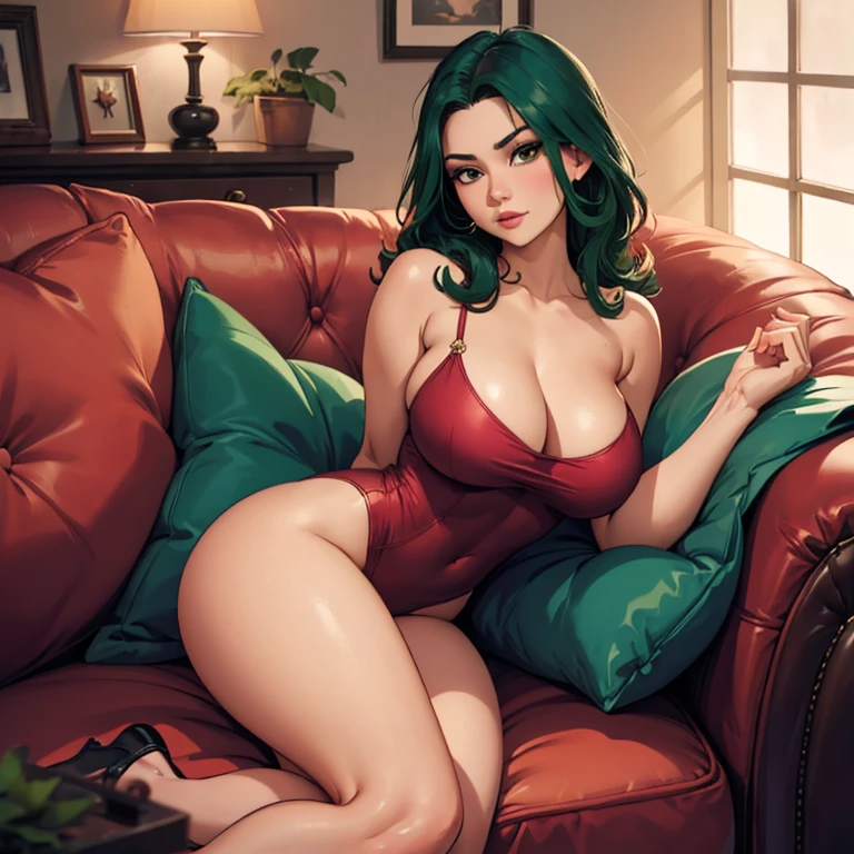 Photo of Gamora, stunning and strong female character from Marvel Universe, (Prominently displayed ample cleavage), Beautiful woman, ((Detailed face:1.2)), ((Detailed facial features)), ( Finely detailed skin with a hint of otherworldly texture), Green alien skin tone, Reclining position on a velvet couch, Bedroom environment, ((cold color scheme with pops of deep greens)), Reflectors for dramatic lighting, ((masutepiece) (perfectly proportions)(photos realistic)(Best Quality) (Detailed) photographed in a Canon EOS R6, 35mm Lens, F/1.4, nffsw, (