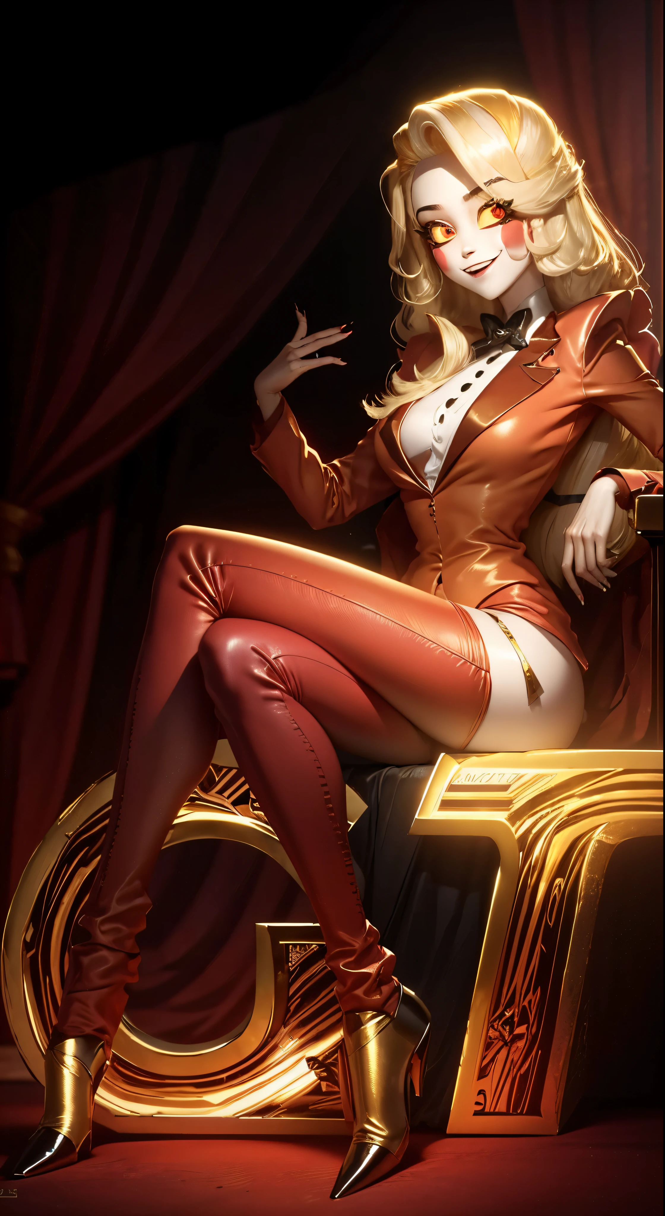 Distorted fantasy letters, (Letters in the background), symmetric, (Gold bars ), diamonds, Charlie Morningstar, long hair, red costume, red pants, 1 girl, yellow sclera, blonde hair, White skin, perfect anatomy, smiling, is sitting, The head is turned towards the viewer