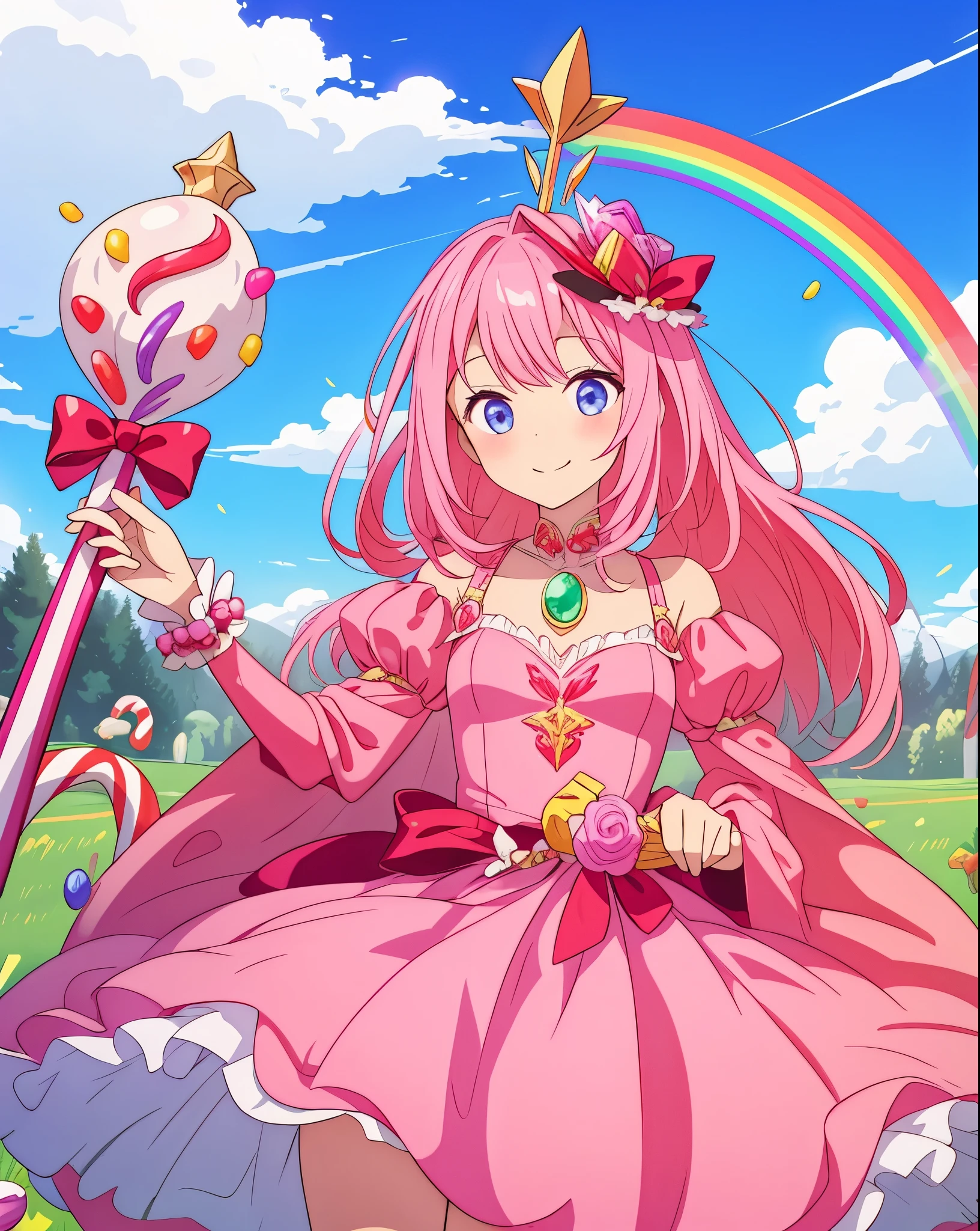 scepter, lots of candy, gumdrops, candycanes, rainbow, candy, (a field of candy), 1 girl, queen of sugar, pink dress, a Sceptor of candy