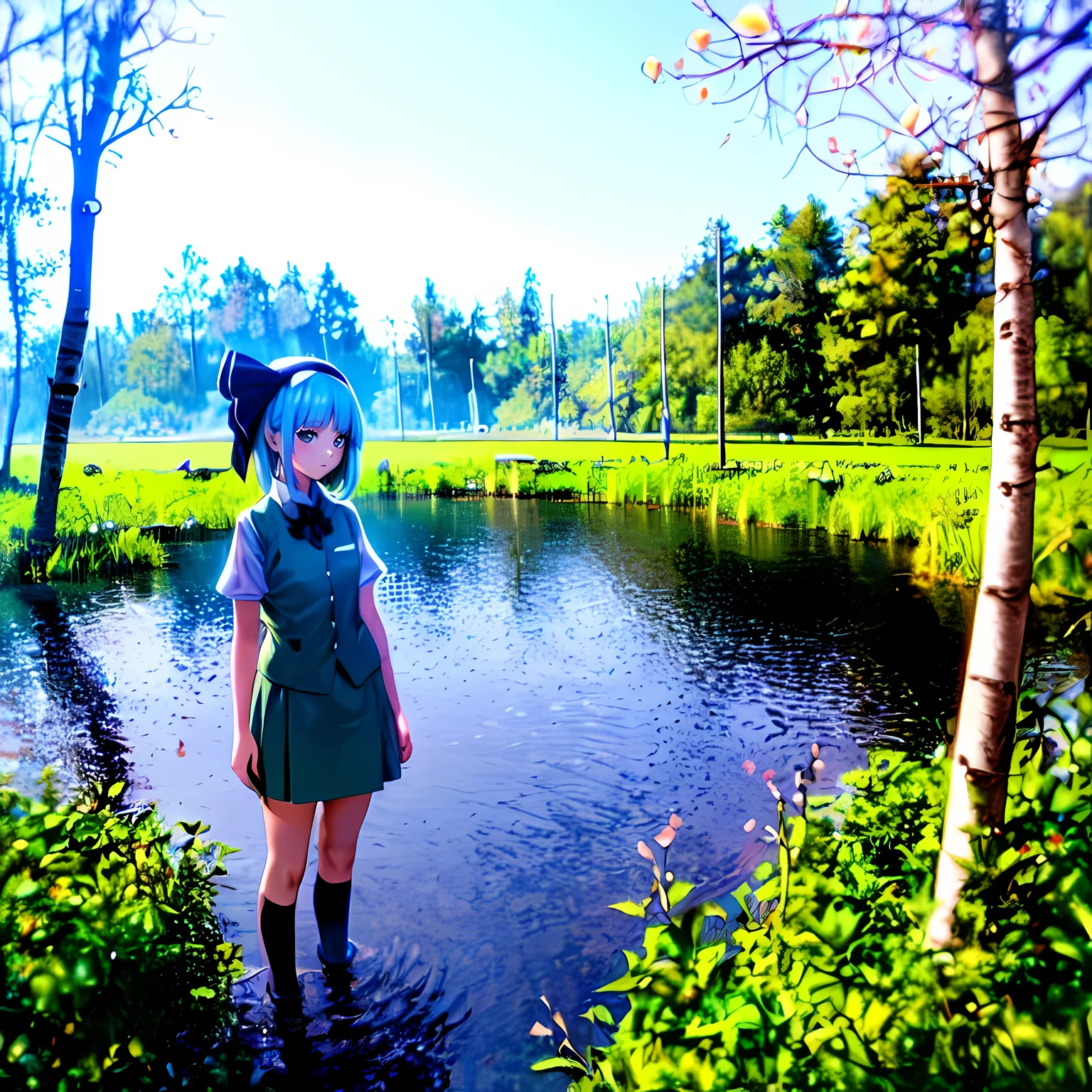 1 girl,East,{{compact youmu}}, gray eyes, hair ribbon, short gray hair, dull bangs, , black hairband, black hair ribbon, white shirt with collar, black bowtie, Green vest, Puffy short sleeves, green circle skirt, ruffle skirt, , (white knee highs,swamp, Old swamp, wood, old wood, Ate, birch, Dead wood,Partially submerged in water:1.3),Are standing