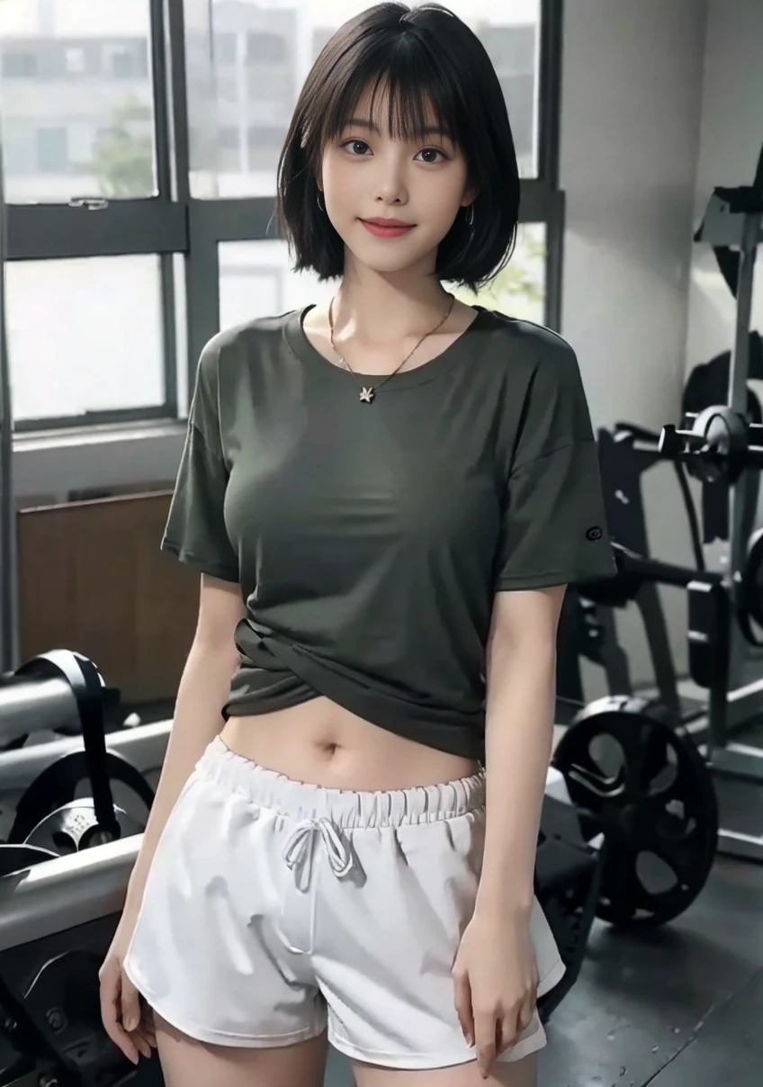 Best image quality, original photo, ultra high resolution, gentle smile, 16 year old Korean breasts, , White skin, Fair and shiny skin, short bob, bright silver hair, neatly matched bangs, short length T-shirt, red，sportswear, running shorts, green，beautiful thin legs, Beautiful navel, Beautiful abs, The ribs are good, earrings, necklace, Training room, Gym.