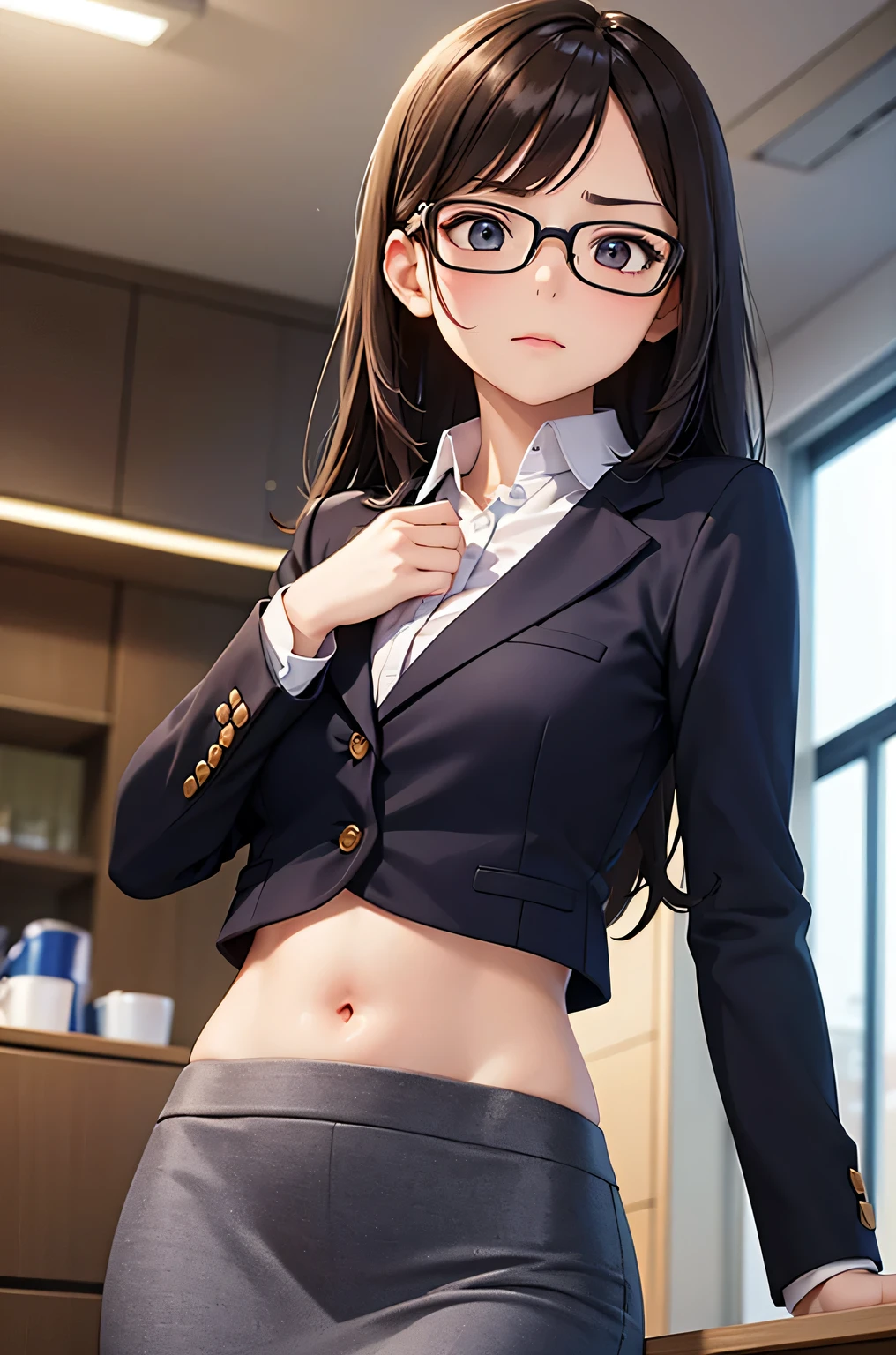 super fine illustration, vibrant colors, masterpiece, sharp focus, best quality, depth of field, cinematic lighting, ultra detailed, business jacket, office lady, 1 woman, solo, midriff, tummy, belly button, navel, kitchen, ceiling, close up, looking at self, curly hair, long hair, pencilskirt, pearl necklace, makeup, dark brown hair, annoyed, angry, from below, glasses
