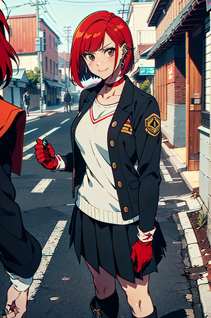 in the art style of persona5 and in the art style of street of rage 4, delinquent, (sukeban), mature_female, blush, mature, older woman, 25 years old, Sukeban teacher outfit, ((((1girl, solo female, solo, solo focus:1,9)))++++, choker, sukeban teacher, sukeban fighter, long_sleeves, open jacket, blue jacket,( jean)+++, light skin tone female, (full body)+++++, jacket, biker jacket, tape, arm_support, gloves, red_gloves, bridal gauntlets, nail polish, boots, black_footwear, fighter outfit, (full body)+++++++, hourglass, mature face, cheeky smile, cheeky face, wrinkles, (((((red hair, short hair, bob cut, earrings, ear piercings)))), red eyeighting art, Martial arts, standing, fighting_stance, fight, fighting), extra colors, 2D, megapixel, perfectionism, accent lighting, full HD , (Masterpiece:1.2), (full-body-shot:1),(cowboy shot:1.2), (Highly detailed:1.2),(anime Detailed Face:1.2), Colorful, A detailed eye, (Detailed landscape:1.2), (natural lighting:1.2), ((sukeban school teacher)) by Vincent Di Fate: Aidyllery, Anamorphic Shot, rule of thirds, face by Artgerm and WLOP, ((street of rage 4 city backround)), fictive city backround in the style art of street of rage 4,