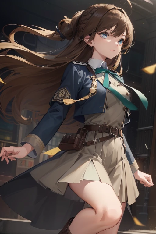 long hair, bangs, brown hair,hair accessory， (Brown eyes:1.2), break shirt, long sleeve, dress, ribbon, school uniform, white shirt, collared shirt, belt, neck ribbon, blue dress, green ribbon, pleated dress, grey dress, two-tone dress, blue belt, lycoris uniform, break outdoors, city, break (masterpiece:1.2), highest quality, High resolution, unity 8k wallpaper, (figure:0.8), (beautiful and fine eyes:1.6), highly detailed face, perfect lighting, Very detailed CG, (perfect hands, perfect anatomy),whole body，boots
