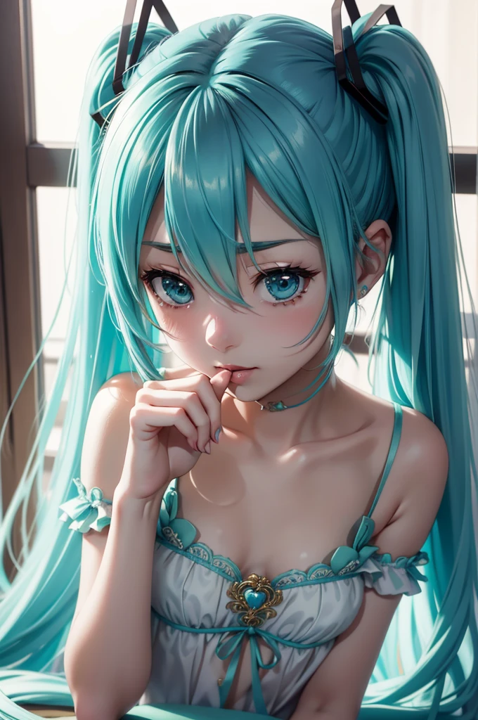 1girl, solo, blush, head tilt, legs apart, lips apart, unamused, aquamarine eyes, aqua hair, aqua twintails, very long hair, bare shoulders, Asymmetric casual outfit, collarbone, Hatsune Miku, makeup, (messy hair:1.2), shiny hair, shrug (clothing), (small breasts:1.3), looking at viewer, Beautiful eyes with fine symmetry, detailed face texture, beautiful detail eyes, (cinematic lighting:1.2), (detailed_light:1.1), (dreamy:1.1), (stylized:1.3), (Highly detailed), (high resolution), (Best quality), (masterpiece)
