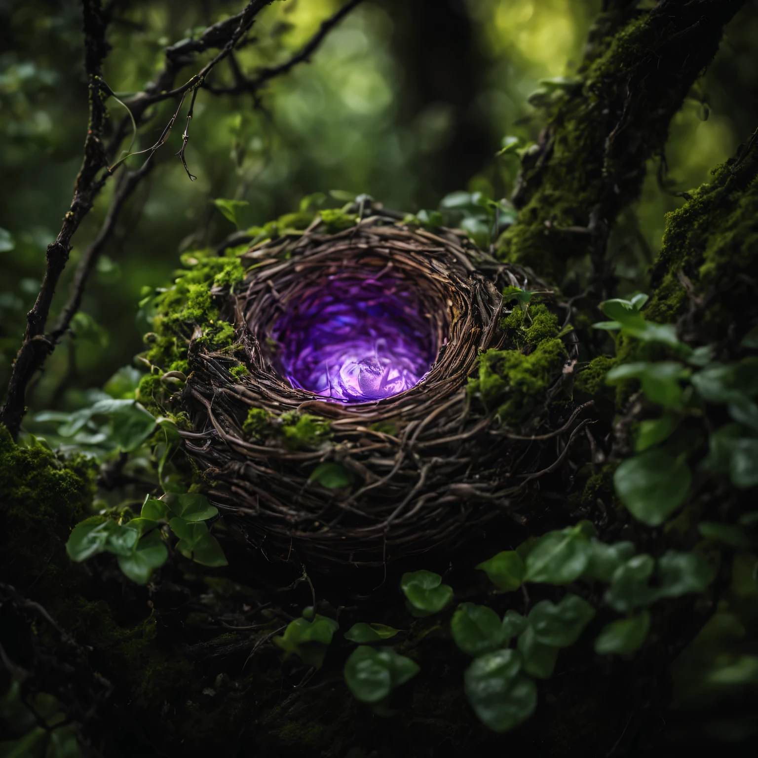 macro photography, Close-up of a magical fairy nest among the green branches and leaves of fairy trees., Beautiful magical fairy tale nest, surrounded by branches and leaves., The magical fairy nest looks beautiful and glows with a magical light purple light.., маленькие Fairies в гнезде очень красивые, Fairies&#39; the magic nest has long thin glowing shoots and is attached to the leaves and branches of trees.., Among the green branches and leaves of fairy trees, magical fairytale nest with its own details, great depth of field, Hi-Def, Extremely realistic, extremely detailed, cinematic treatment, HDR, photorealistic, the masterpiece