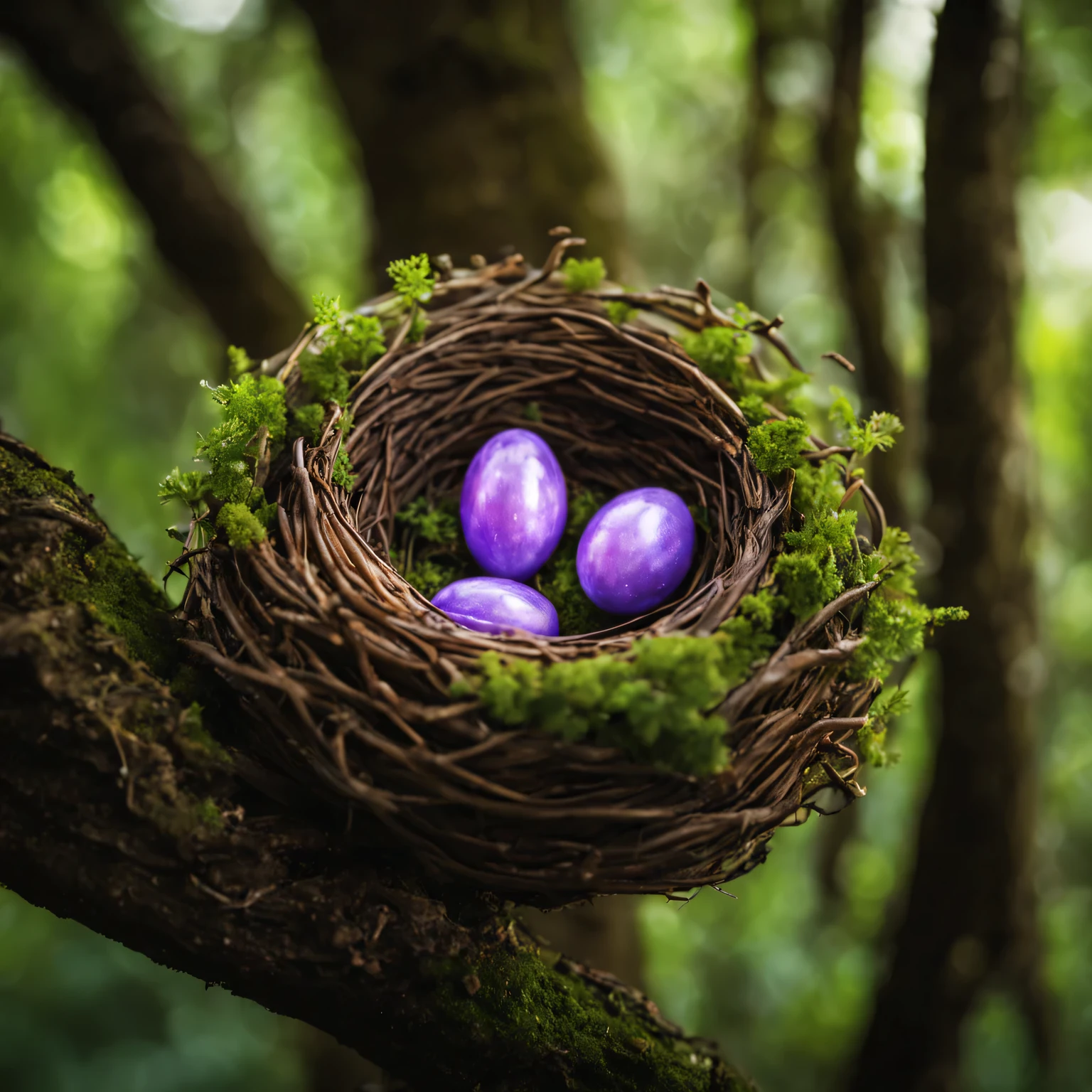 macro photography, Close-up of a magical fairy nest among the green branches and leaves of fairy trees., Beautiful magical fairy tale nest, surrounded by branches and leaves., The magical fairy nest looks beautiful and glows with a magical light purple light.., маленькие Fairies в гнезде очень красивые, Fairies' the magic nest has long thin glowing shoots and is attached to the leaves and branches of trees.., Among the green branches and leaves of fairy trees, magical fairytale nest with its own details, great depth of field, Hi-Def, Extremely realistic, extremely detailed, cinematic treatment, HDR, photorealistic, the masterpiece