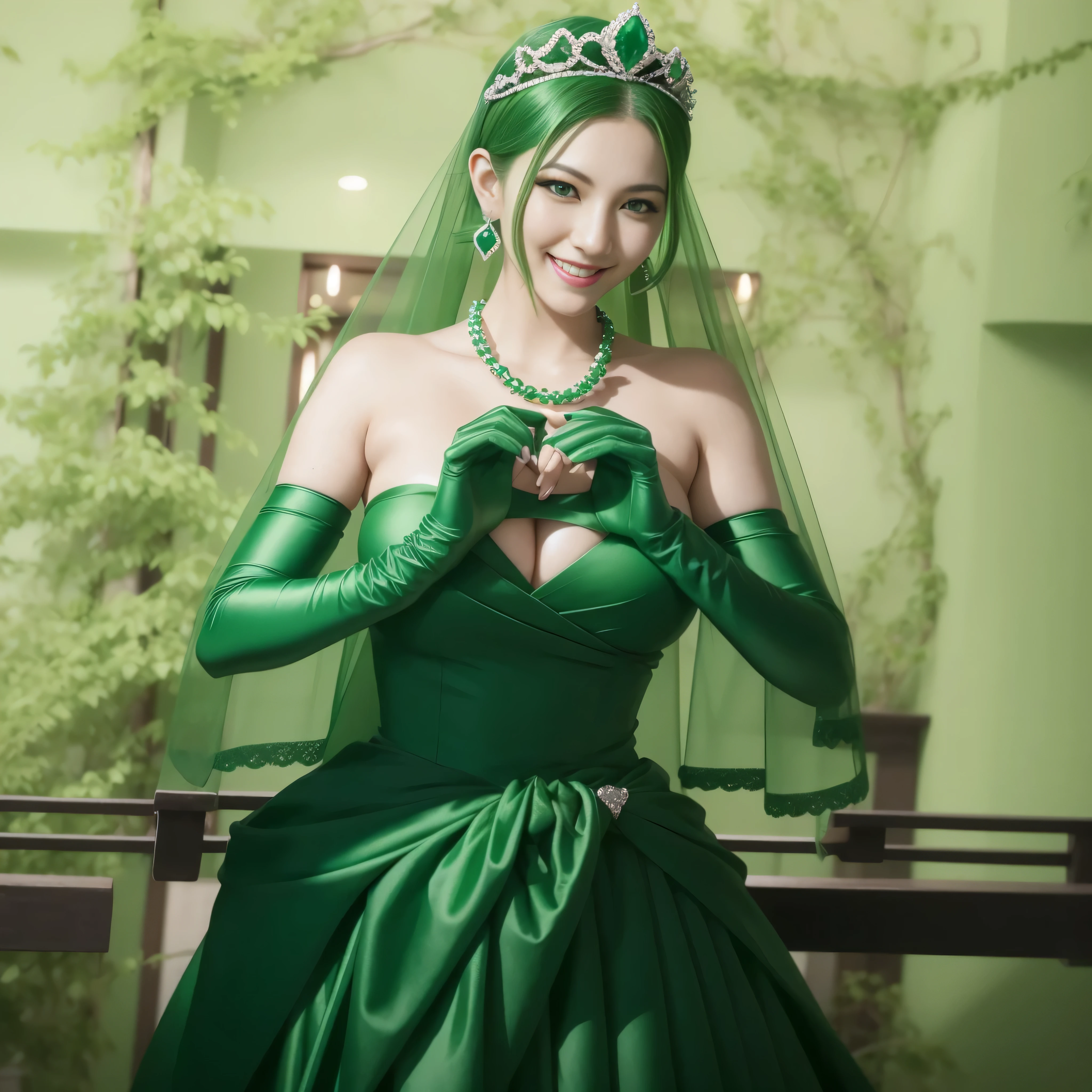 emerald tiara, green pearl necklace, ボーイッシュな非常に短いgreen hair, lipstick, smiling Japanese woman, very short hair,  Beauty with large breasts, green eyes, Long Green Satin Gloves, green eyes, emerald earrings, green veil, heart with both hands, green hair