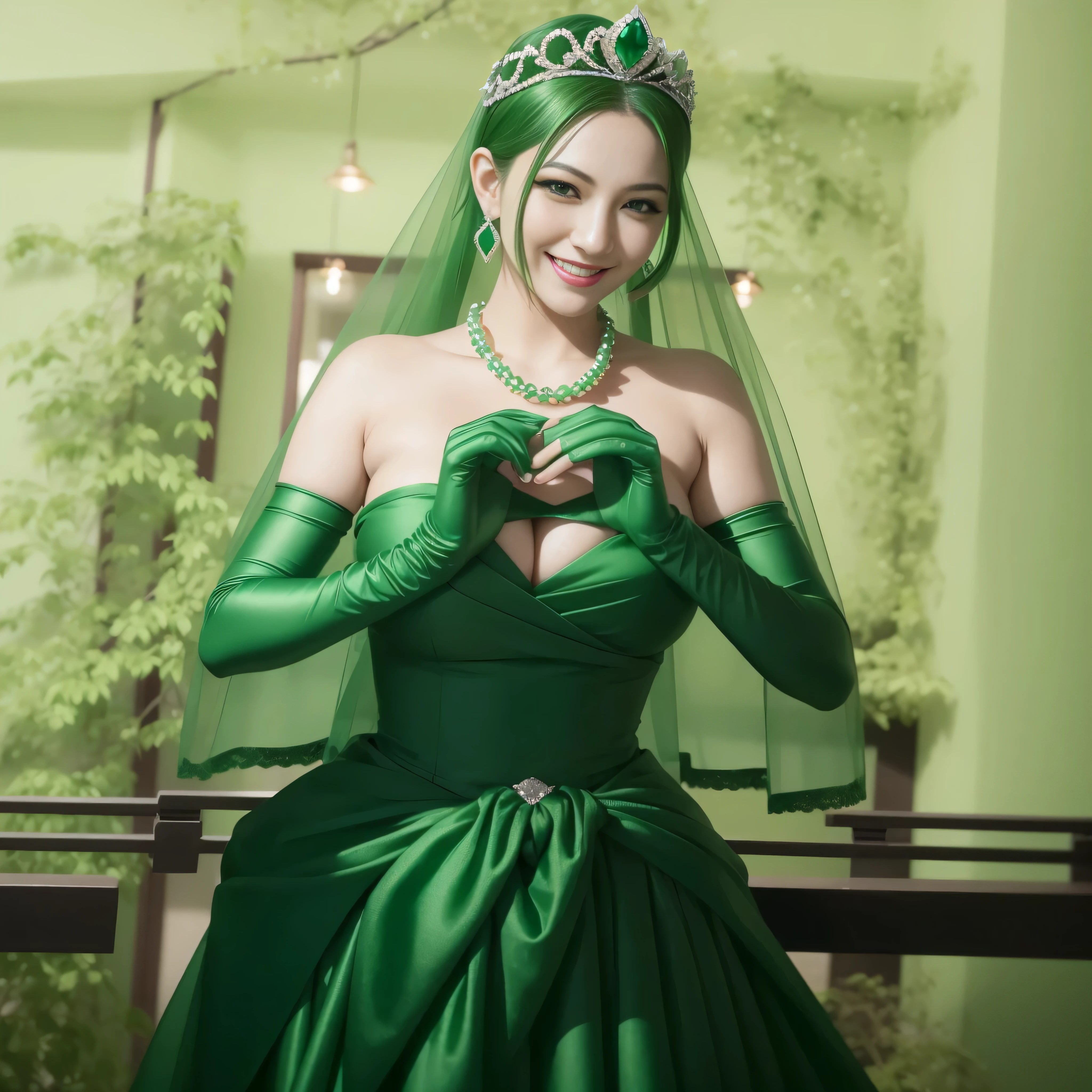 emerald tiara, green pearl necklace, ボーイッシュな非常に短いgreen hair, lipstick, smiling Japanese woman, very short hair,  Beauty with large breasts, green eyes, Long Green Satin Gloves, green eyes, emerald earrings, green veil, heart with both hands, green hair