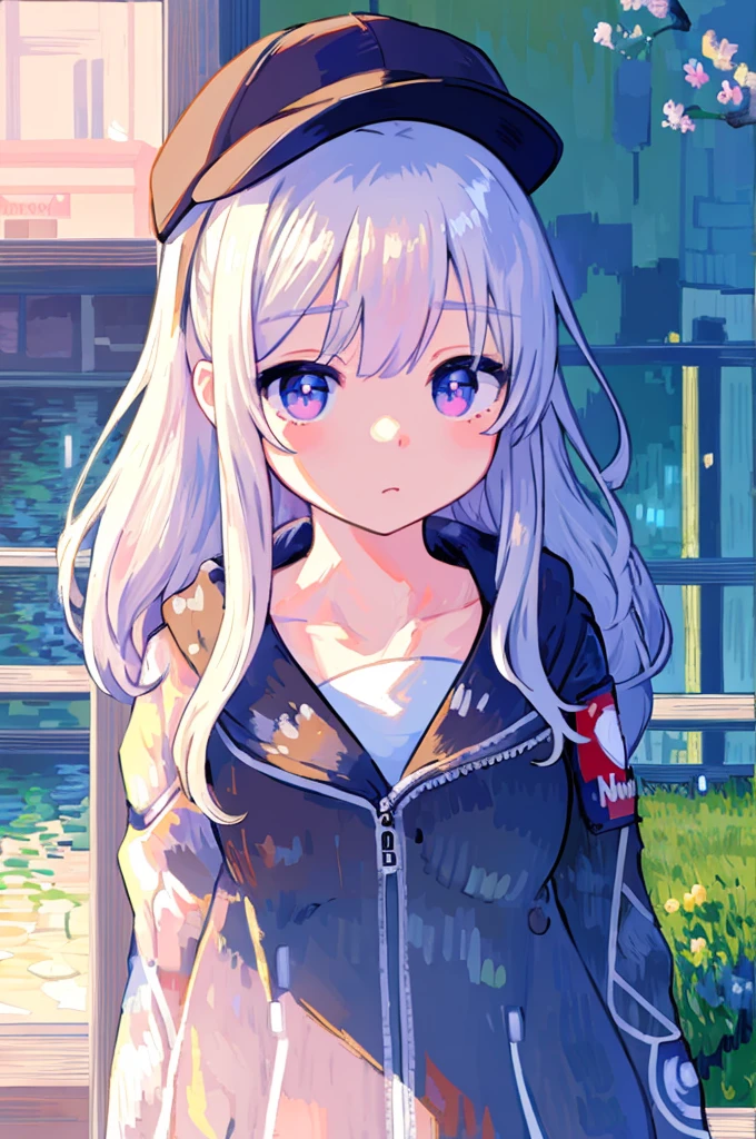 masterpiece, best quality, 4k, UHD, mishoujo, painting, beautiful eyes and detailed face, illustration, beautiful detailed, high resolution illustration, glowing_white_particles, 1girl, white hair, light purple eye, hair over one eye, short sidetail, baseball cap,expressionless, window shade, black jacket, chest rig, cyberpunk, techwear,(Impressionism:1.4), Vincent van Gogh