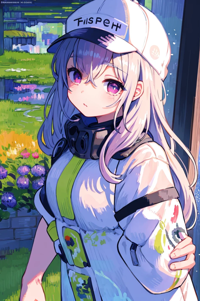 masterpiece, best quality, 4k, UHD, mishoujo, painting, beautiful eyes and detailed face, illustration, beautiful detailed, high resolution illustration, glowing_white_particles, 1girl, white hair, light purple eye, hair over one eye, short sidetail, baseball cap,expressionless, window shade, black jacket, chest rig, cyberpunk, techwear,(Impressionism:1.4), Vincent van Gogh