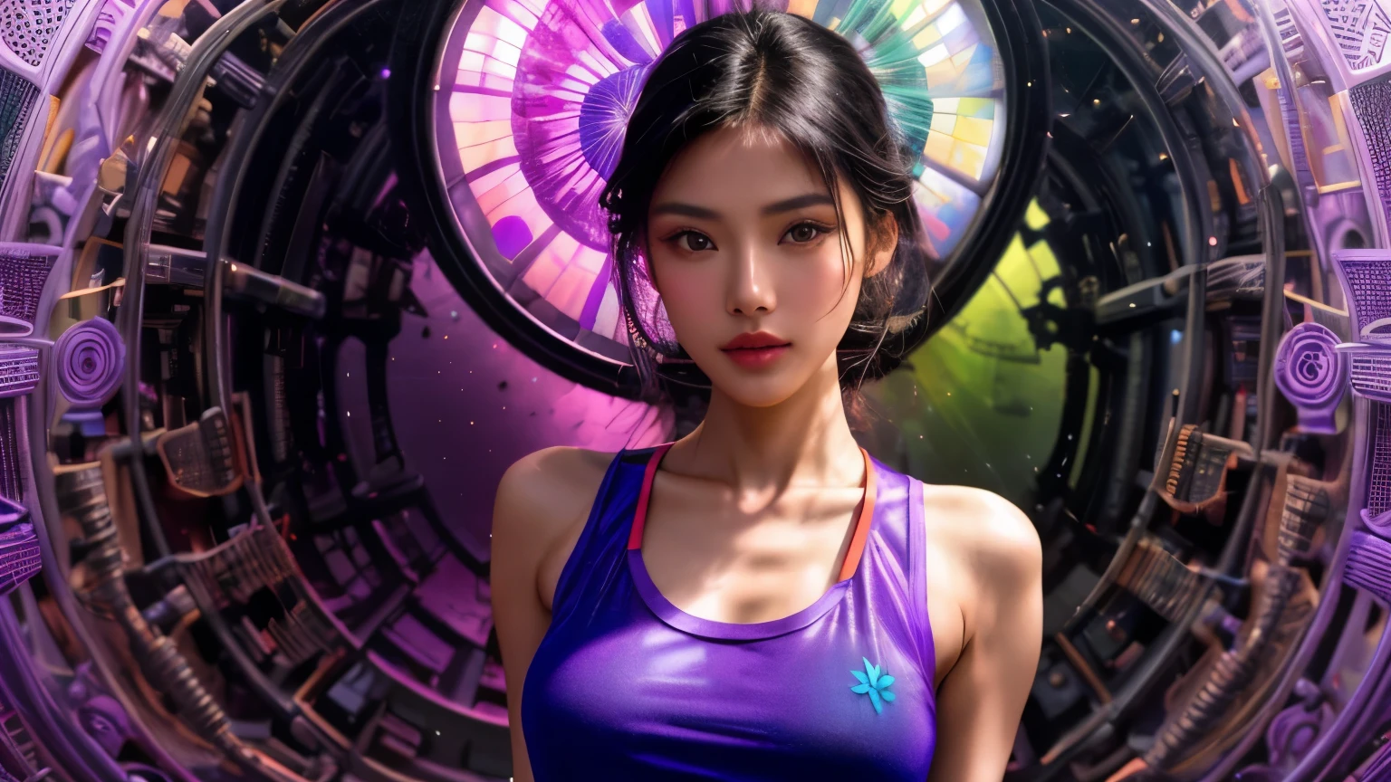 BELLA CHICA JOVEN, PRECIOSA, HERMOSA, fractal, Gran plano genera de un Modular INDU [Poulomi Das], wearing a romantic tank top, Maquillaje De Lavanda, Acid colors and rainbow background., at noon, novela visual, Arte Industrial, black lighting, lomography,