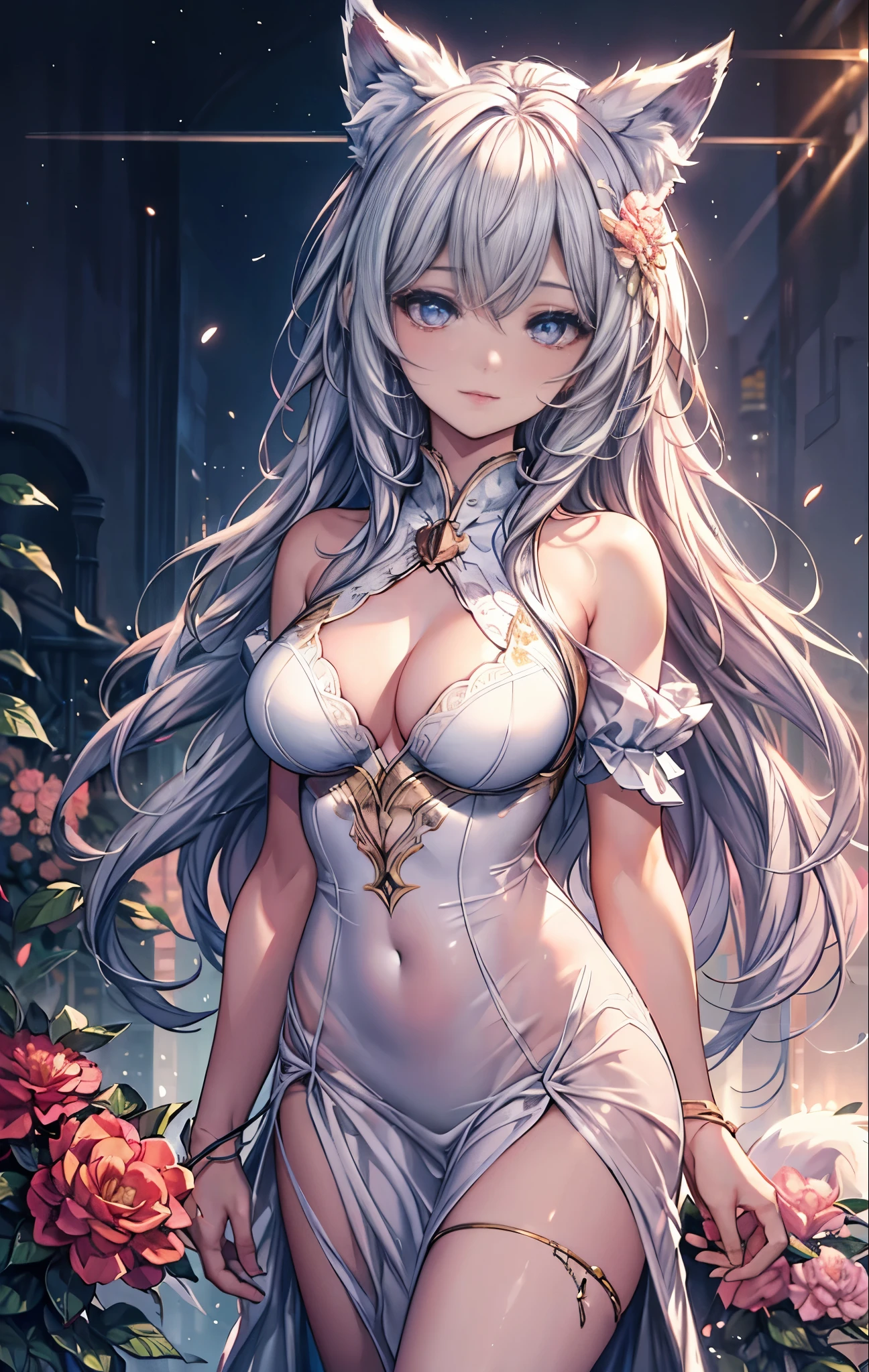 {{masterpiece}},best quality,Highly detailed CG Unity 8K wallpaper,One woman,movie lighting,lens flare glow,
perfect style, perfect body, clear beautiful eyes, long eyelashes, lots of camellias, fox ears,