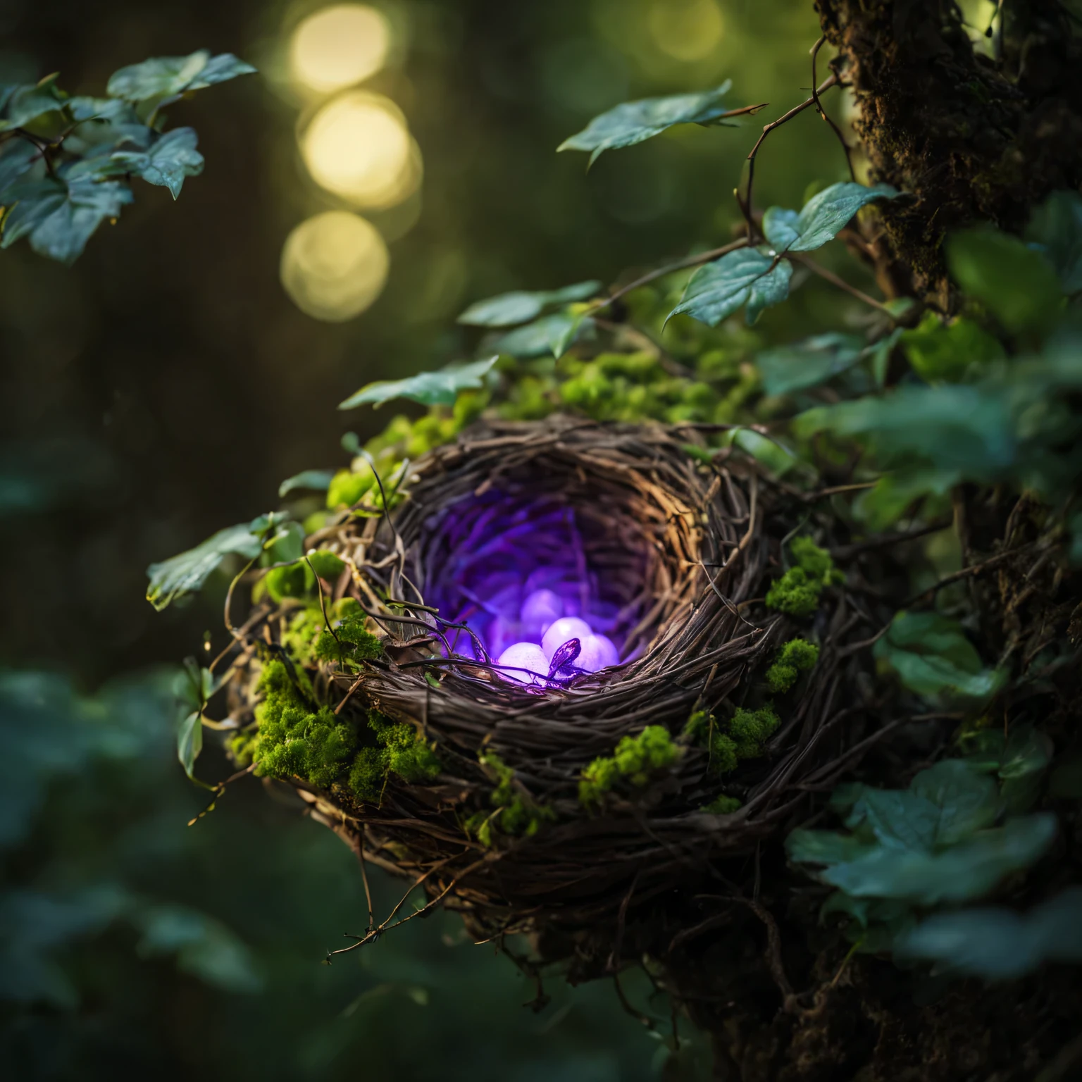 macro photography, Close-up of a magical fairy nest among the green branches and leaves of fairy trees., Beautiful magical fairy tale nest, surrounded by branches and leaves., The magical fairy nest looks beautiful and glows with a magical light purple light.., маленькие Fairies в гнезде очень красивые, Fairies&#39; the magic nest has long thin glowing shoots and is attached to the leaves and branches of trees.., Among the green branches and leaves of fairy trees, magical fairytale nest with its own details, great depth of field, Hi-Def, Extremely realistic, extremely detailed, cinematic treatment, HDR, photorealistic, the masterpiece