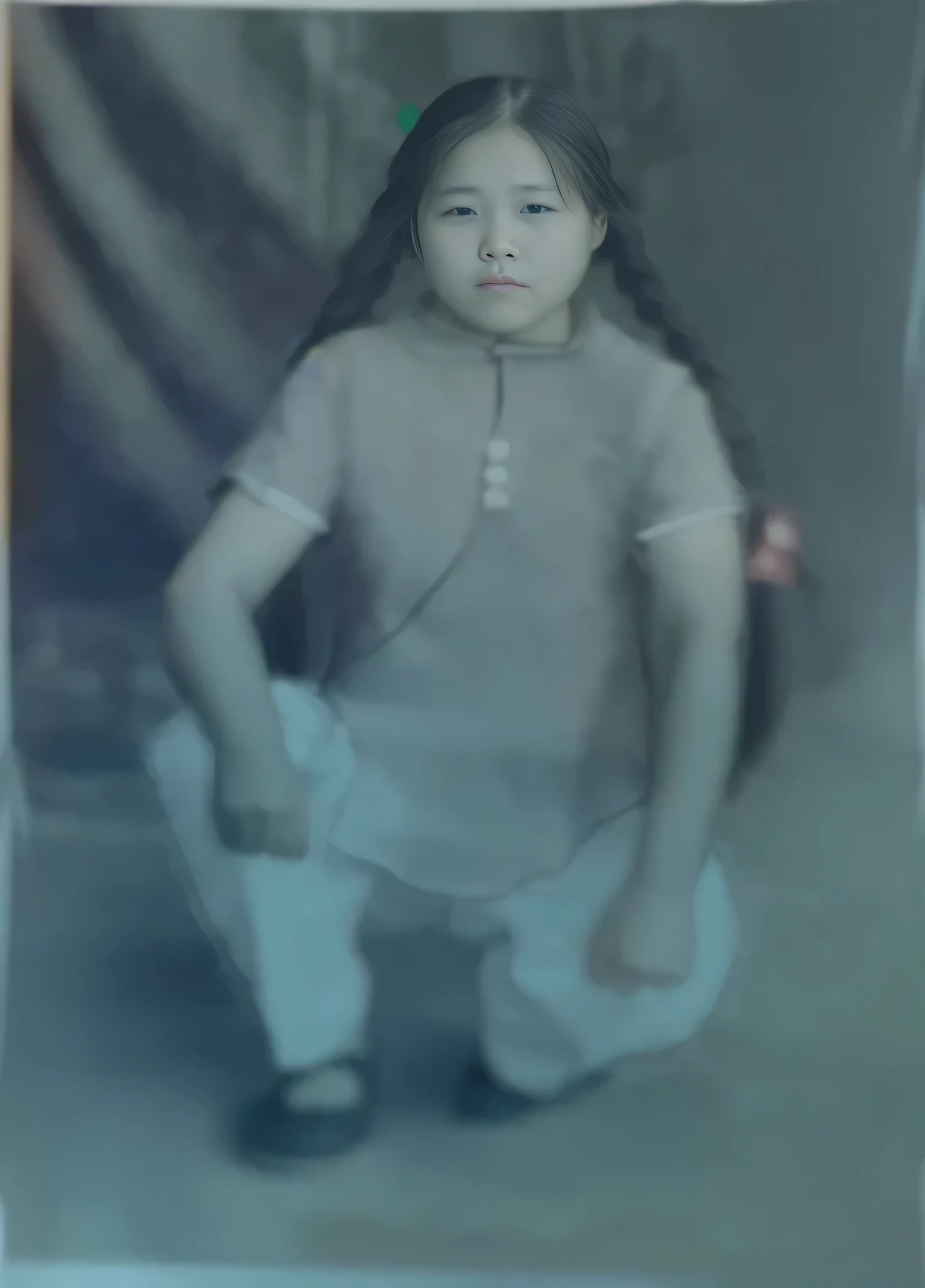 traditional chinese girl、Clear、Squatting、With two thick braids、Wearing Chinese short sleeves、wearing white pants、Wear black cloth shoes、