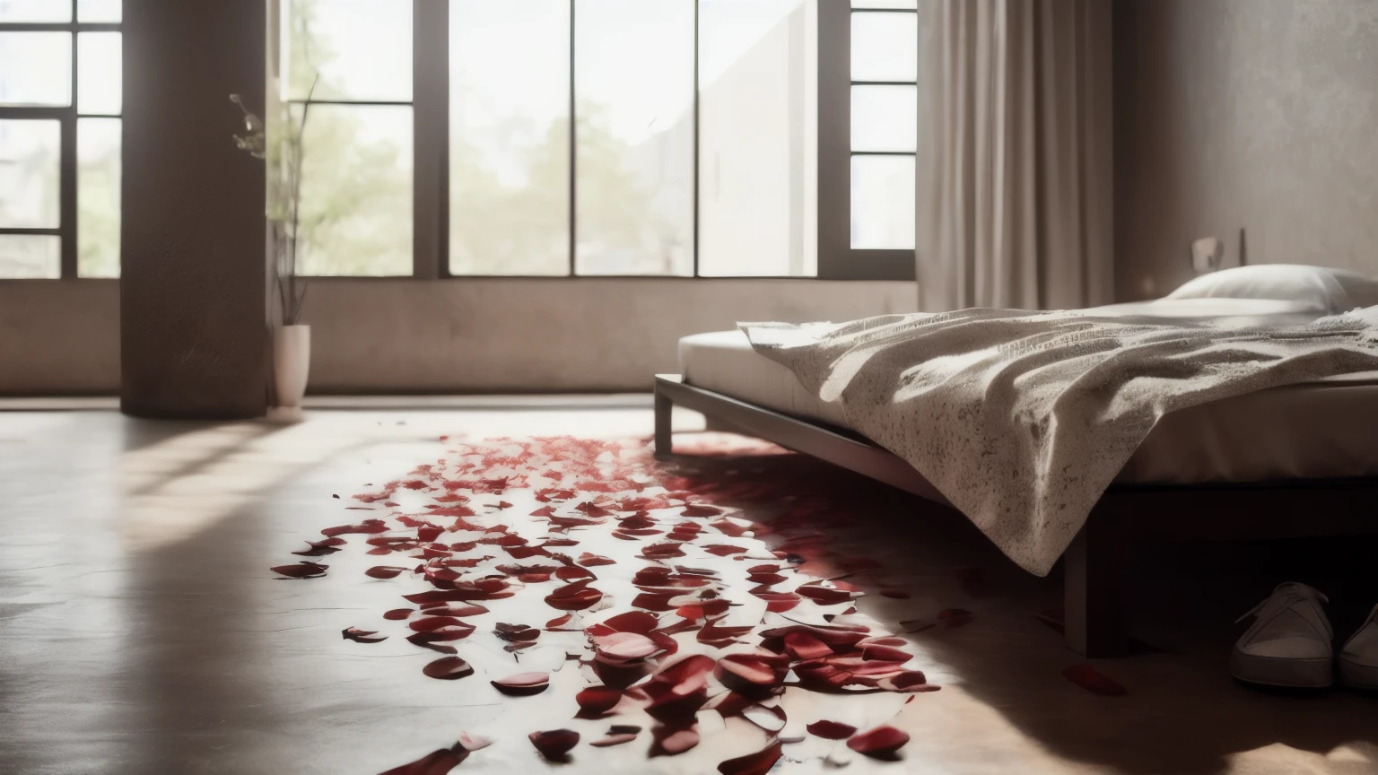 hyper ultra realistic photographs full body of Scatter a pathway of vibrant red rose petals across the floor, leading from the door to the bed. Arrange them in a sweeping curve or a playful zigzag, creating a sensual and inviting entrance to your love nest. ratio 16:9, 4k, 8k resolution, High quality photo, high detailed, imagesharp focus, Cinematic lighting,hyperdetailed & Unreal engine, detail, realism, photography,cinematography, camera NIKON, lens NIKKOR flagship, masterpiece. hyper-maximalism, ultradetailed photorealistic, light skin imperfections, final render, vray, photo, fashion