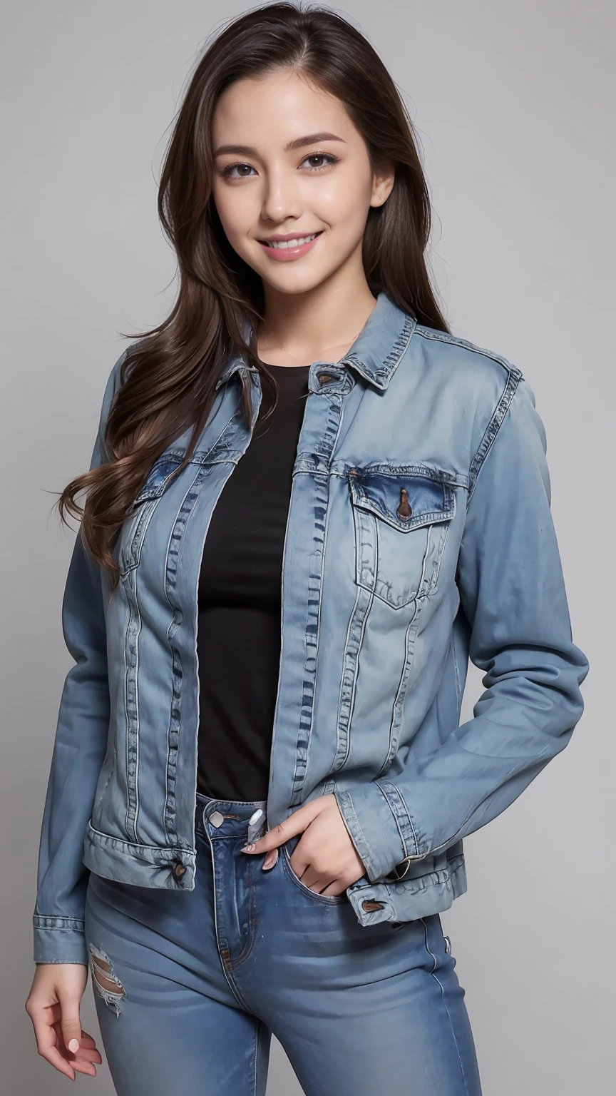 19 year old female、Hair color is brunette、Eye color is blue、long hair、straight hair、wearing eye shadow and lipstick、Slender but well-proportioned muscular body、smile、big breasts、wearing a jacket、Wearing low-rise denim pants、I&#39;m wearing mules、I have a handbag、smile、Wearing a high neck zipper up top