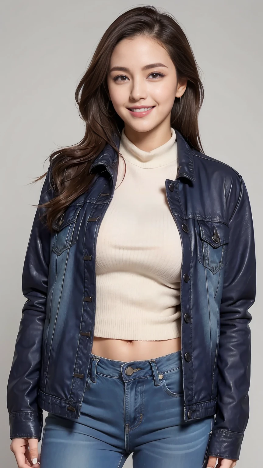 19 year old female、Hair color is brunette、Eye color is blue、long hair、straight hair、wearing eye shadow and lipstick、Slender but well-proportioned muscular body、smile、big breasts、wearing a jacket、Wearing low-rise denim pants、I'm wearing mules、I have a handbag、smile、Wearing a high neck zipper up top