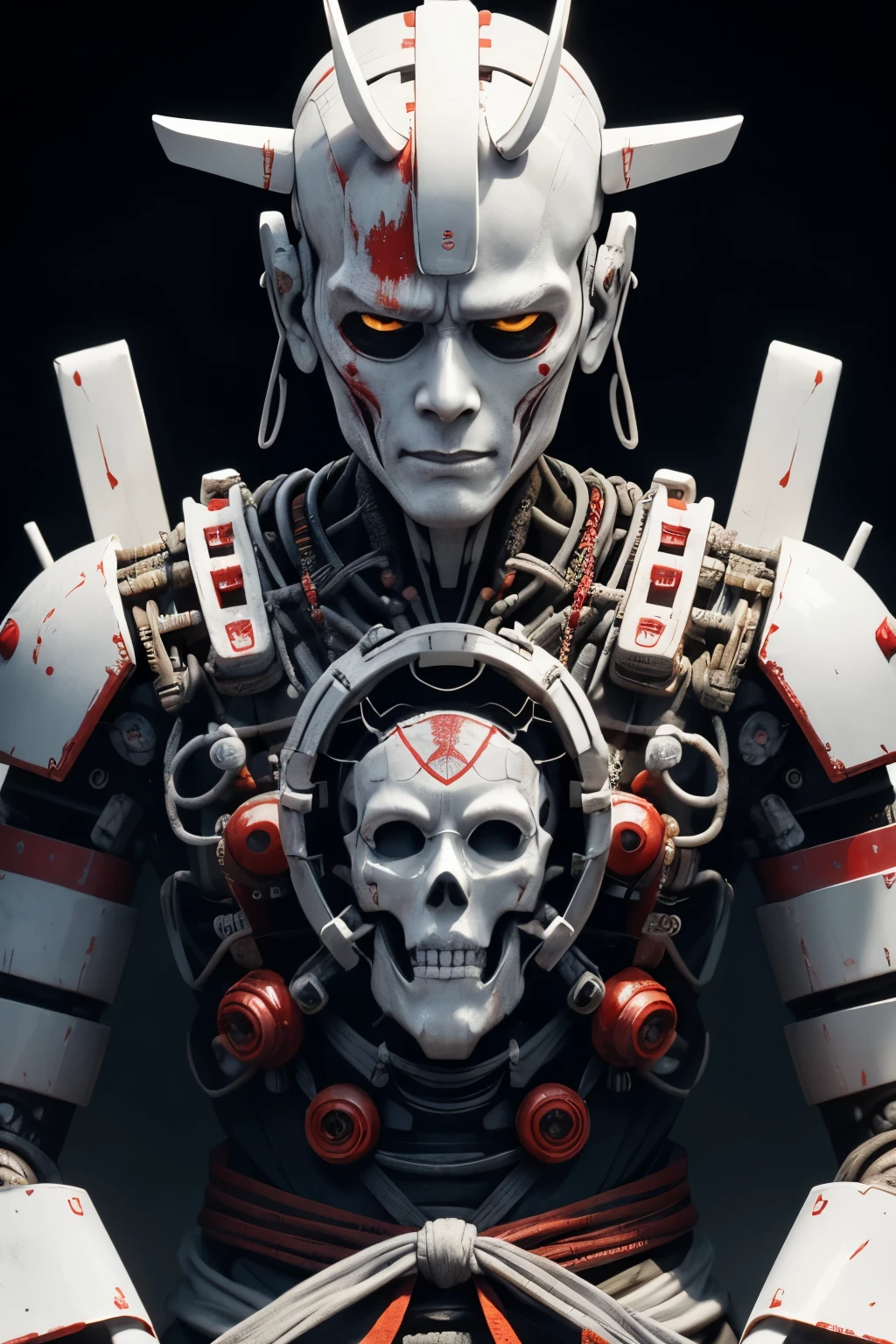 Close-up shot of Japanese 100 years old samurai with emaciated body covered in white paint, zen meditation cyberpunk, demonic body, meditating cyborg, highly detailed in 8K ❤️🔥 🔥 💀 🤖 🚀, Cyborg/Buddhist deity, 8k Highly detailed, full body depiction ❤🔥 🔥 💀 🤖 🚀