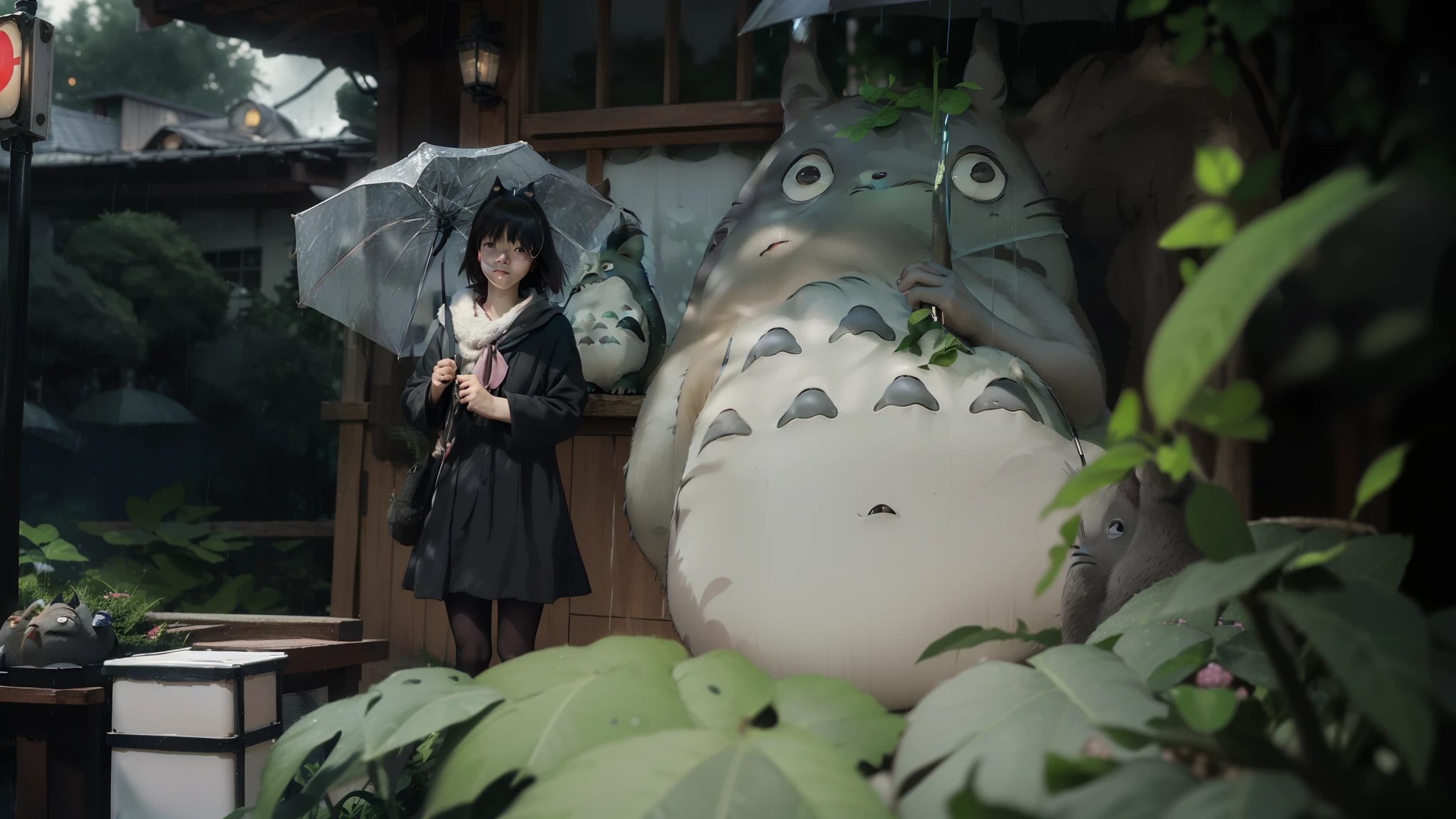 ((Totoro_MY NEIGHBOR TOTORO)),((realistic, photorealistic)),(highlight hair)), Light reflection, (( HD )),((upper body)), (((best quality, masterpiece))), (masterpiece) (best quality) (detail) (8k) (HDR) (wallpaper) (cinematic lighting) (sharp focuasterpiece, best quality: 1.1), 1men solo, Totoro, shadow,back light,rain,Transparent white umbrella, blurred leaves foreground, Studio Ghibli style,