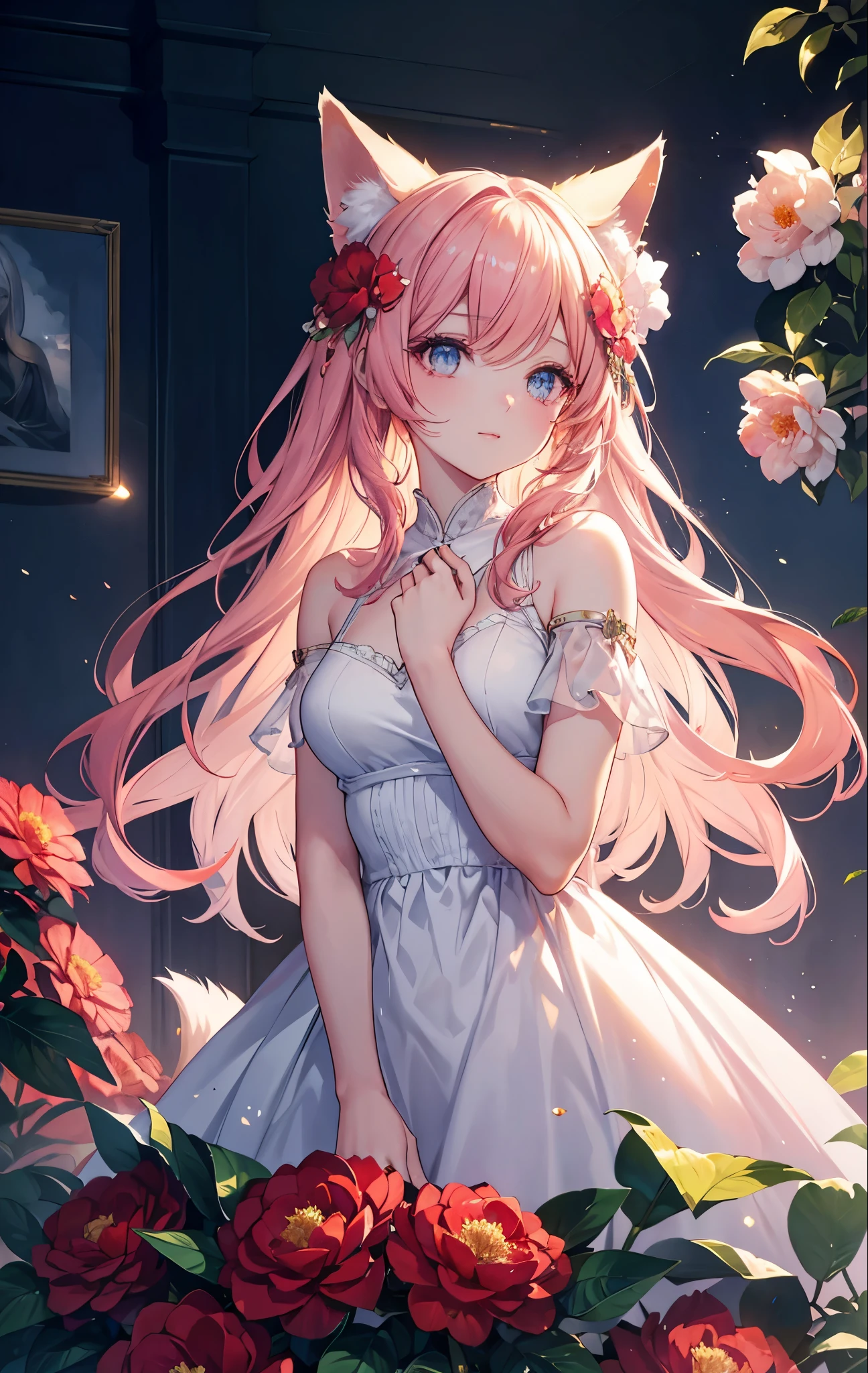 {{masterpiece}},best quality,Highly detailed CG Unity 8K wallpaper,One woman,movie lighting,lens flare glow,
perfect style, perfect body, clear beautiful eyes, long eyelashes, lots of camellias, fox ears, camelia hair ornament, red camellia dress,