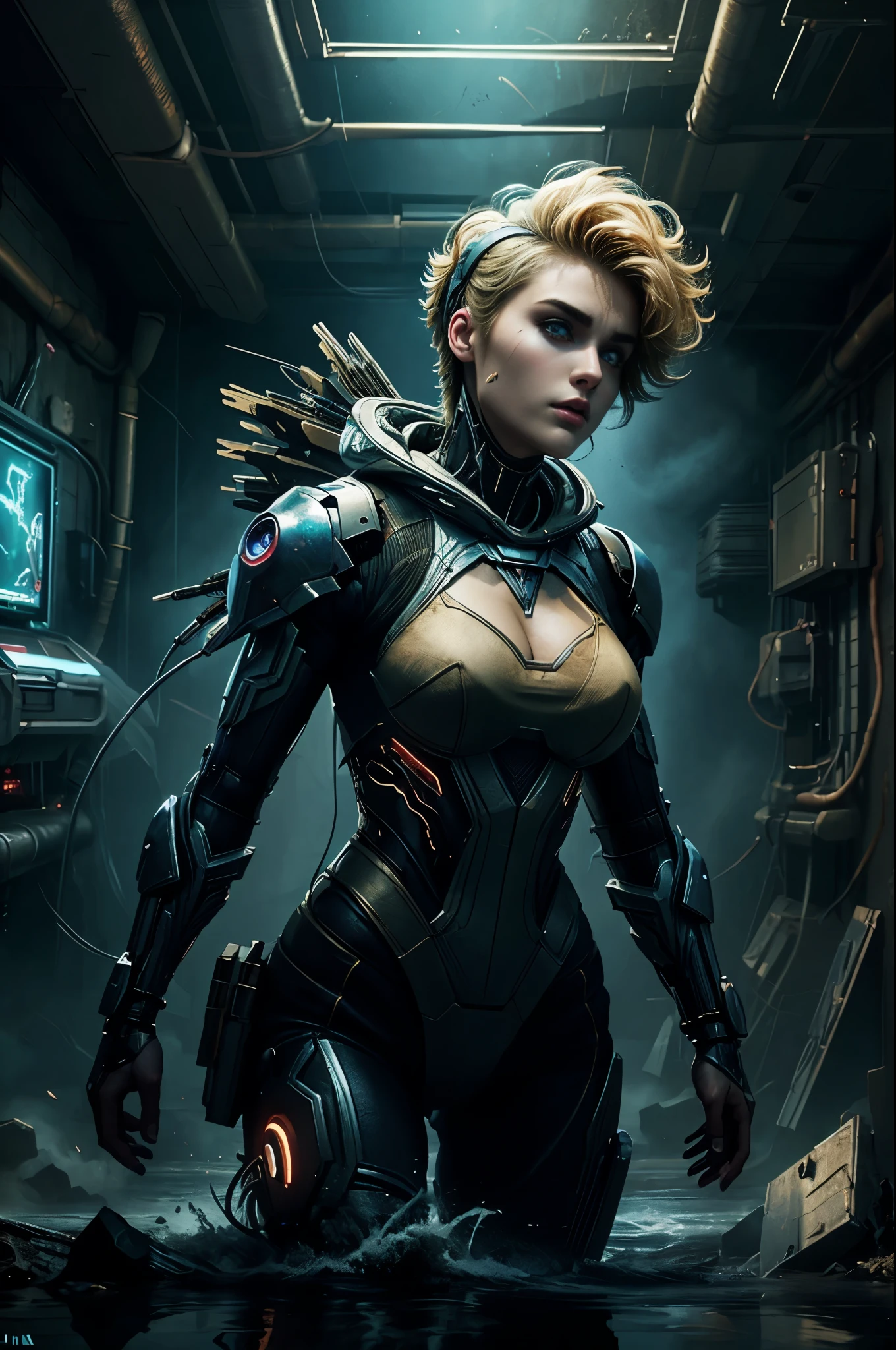 Cybernetics, action movie protagonist, Stefania Ferrario as a female warrior, virus, cyberspace, repeating patterns, unreal, sound waves, free melody, digital world, reflection, masterpiece, 32k UHD resolution, high quality, professional photography, depth of filed, sci-fi, cinematic angle, cinematic lights, dynamic warrior pose --ar 3:4 --v 5. 2