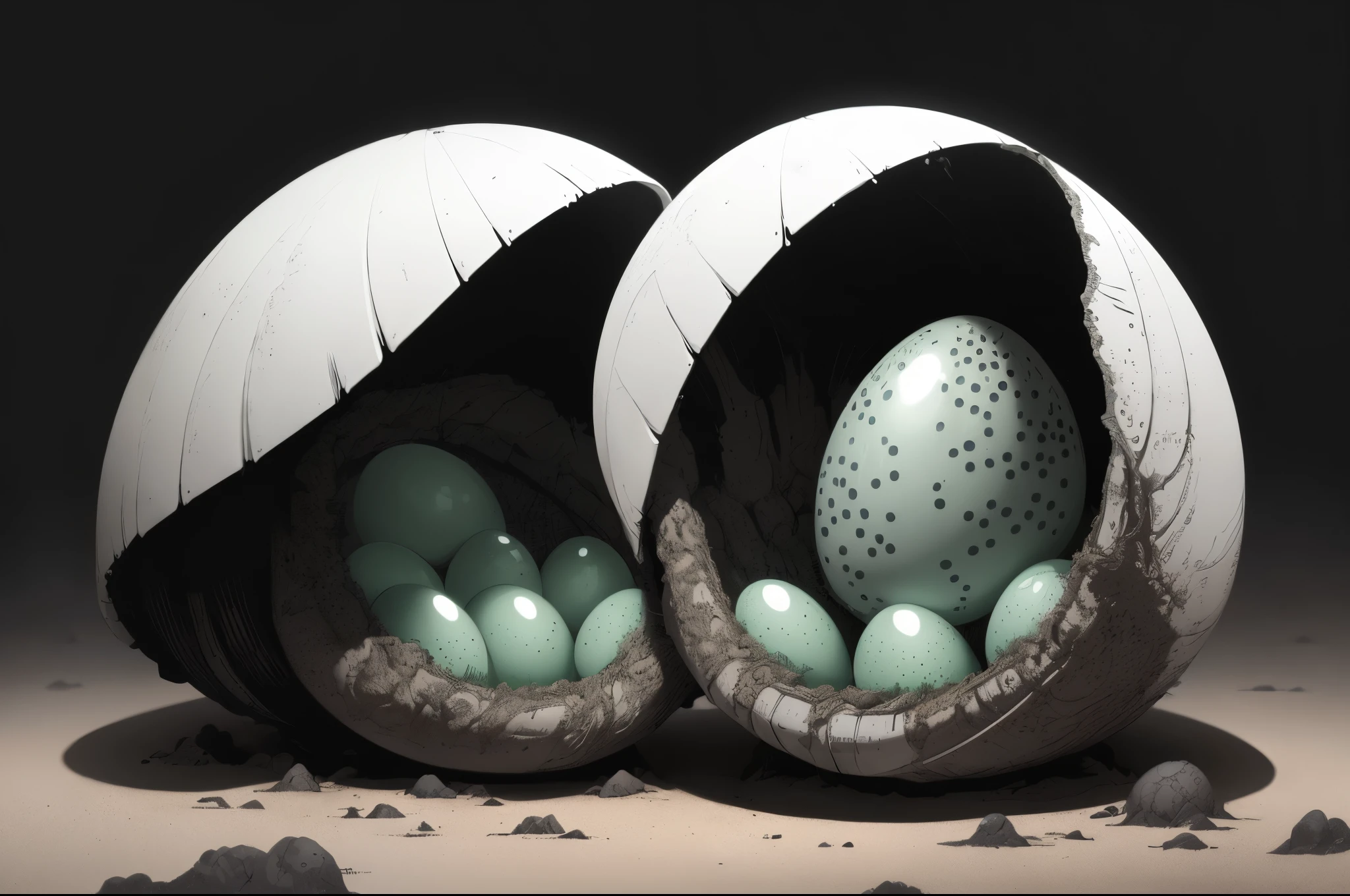 xenomorph nest, xenomorph eggs in a xenomorph nest, full compliance with the style of Hans Giger, lithography