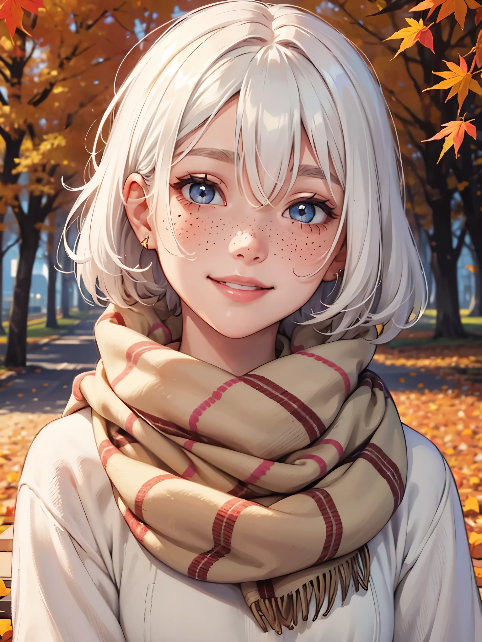 1 girl, short hairs, white hairs, blushing cheeks, freckles, smiling, cream sweater, checkered scarf, looking at viewer, autumn
