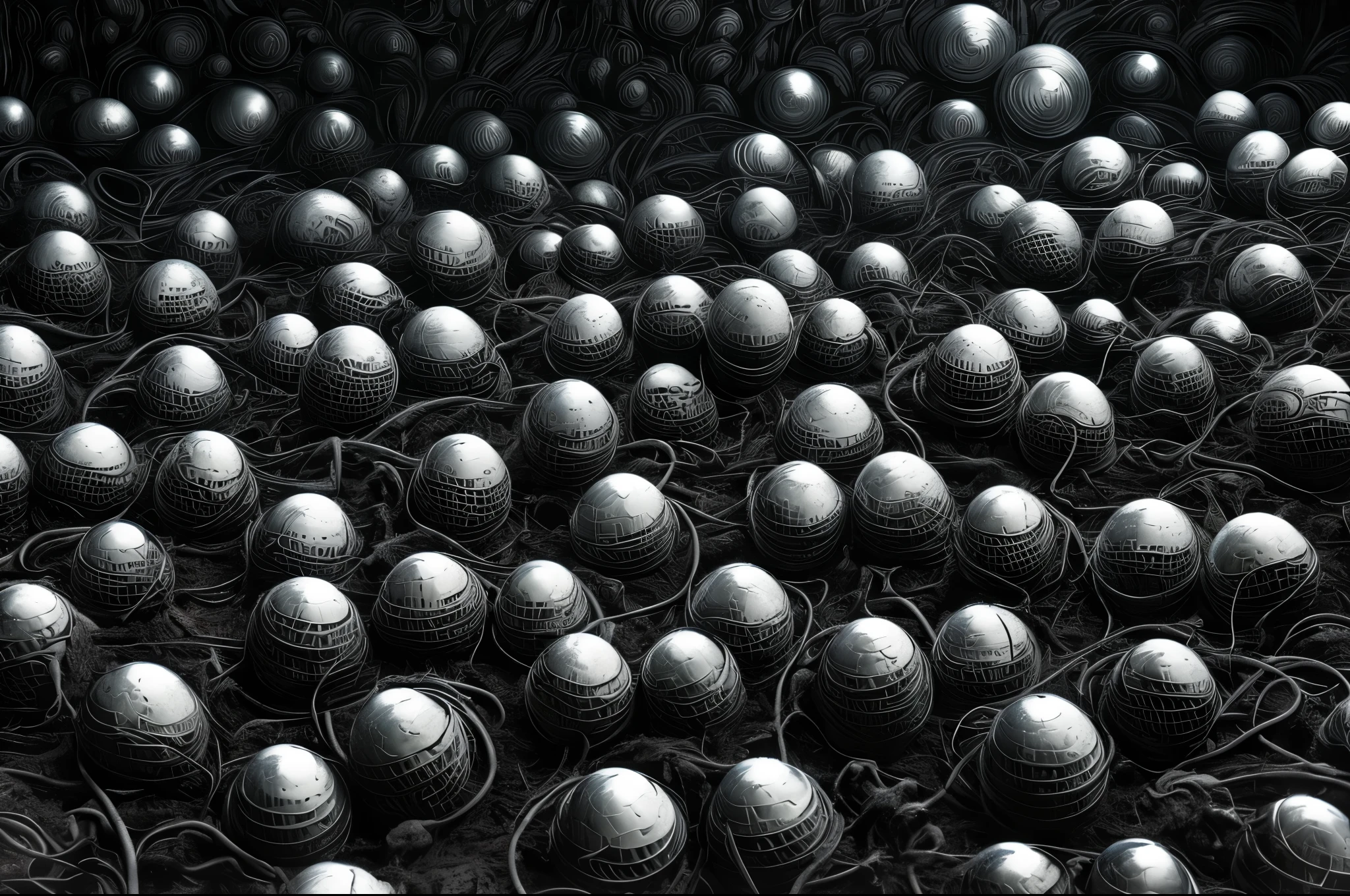 xenomorph nest, xenomorph eggs in a xenomorph nest, full compliance with the style of Hans Giger, lithography