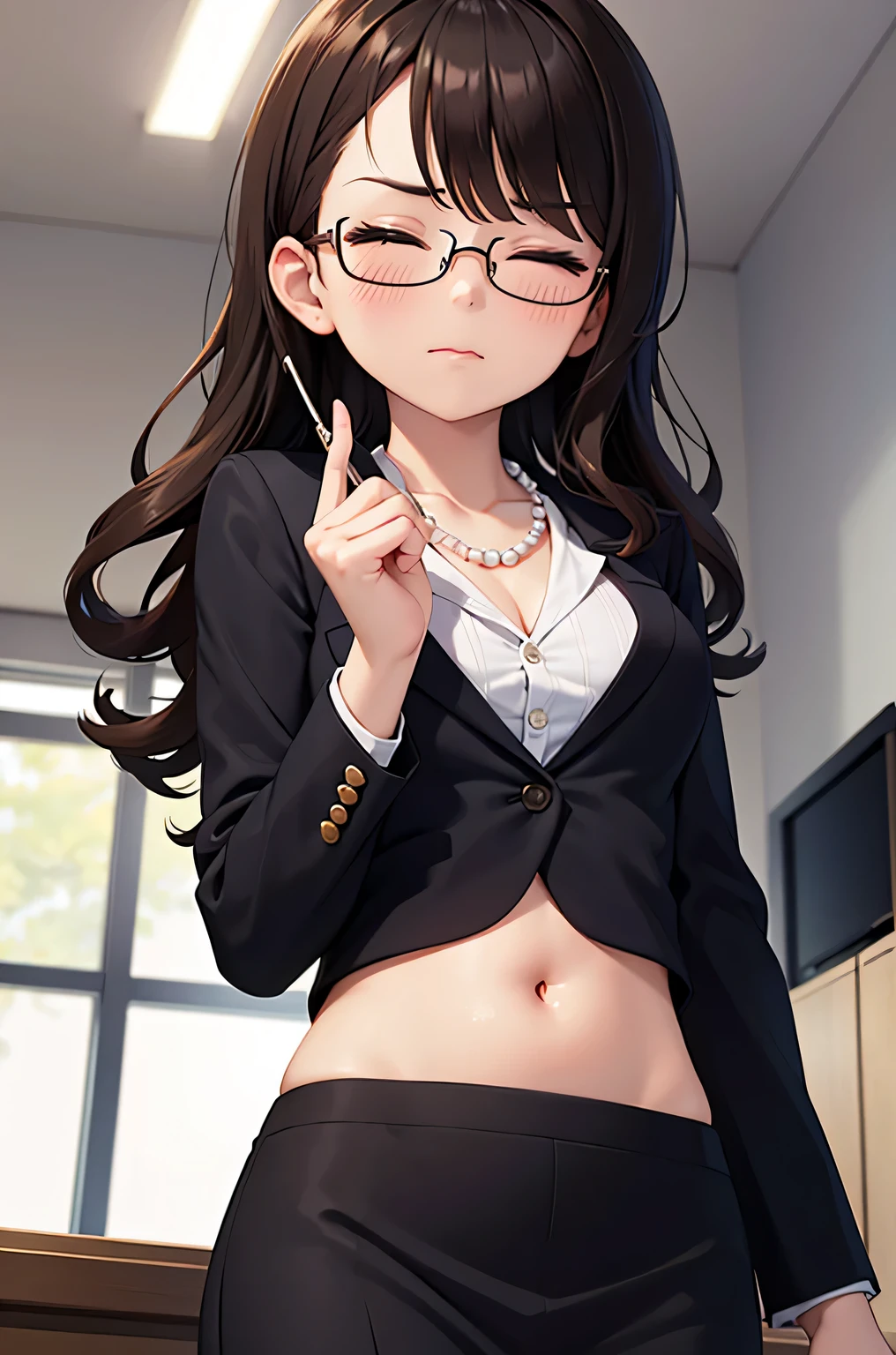 super fine illustration, vibrant colors, masterpiece, sharp focus, best quality, depth of field, cinematic lighting, ultra detailed, business jacket, office lady, 1 woman, solo, midriff, tummy, belly button, navel, ceiling, close up, looking at self, curly hair, long hair, straightskirt, pearl necklace, makeup, dark brown hair, annoyed, eyes closed, from below, glasses
