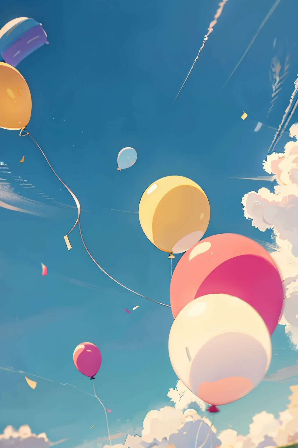 No human, landscape, from below, few balloons flying, anime style, some balloons closer to camera, confetti closer to camera, masterpiece, best quality, 8k, absurdity, summer, noon, sunlight, blue sky, perspective, high resolution, detail, ultra detail, sharp focus