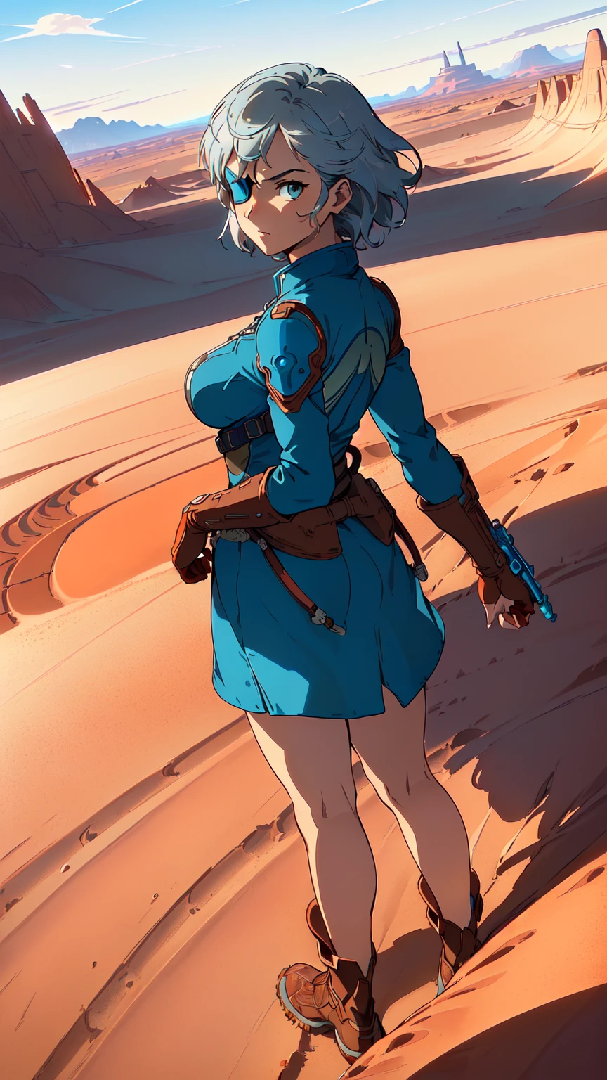 masterpiece, best quality, high quality, absurdres, illustration, film grain, chromatic aberration, dramatic lighting, (high resolution,masterpiece, ultra best quality, insanely amazing hyper fine extremely detailed, official:1.4)
(solo girl, female),(eye patch on left eyes :1,9 ),((solo girl:2,5)),
((punk outfit )),((short silver hair ))++++, dynamique pose, full body,
break
in the style of a 80's movie and japan animation,((dune, nausicaä of the valley of the wind, trigun, akira),(masterpiece:1.5, best quality:1.5),(red sand desert), (red desert landscape), ruine in backgournd, amazing, beautiful detailed, extremely detailed wallpaper, extremely detailed CG unity 8k wallpaper, extremely delicate and beautiful, finely detailed, extremely detailed wallpaper, official art, detailed background, beautiful detailed shadow: 1.5, cinematic lighting, backlight),
